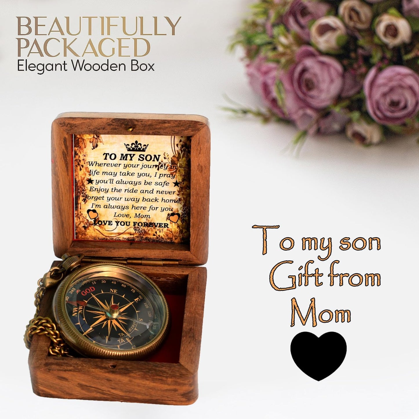 to My Son Compass with Wooden Box-Mom to Son Compass–Mother to Son Gifts-Graduation Day Gifts for Son-Hiking Backpacking Compass-Birthday Confirmation Students Baptism Communion Compass for Women Men
