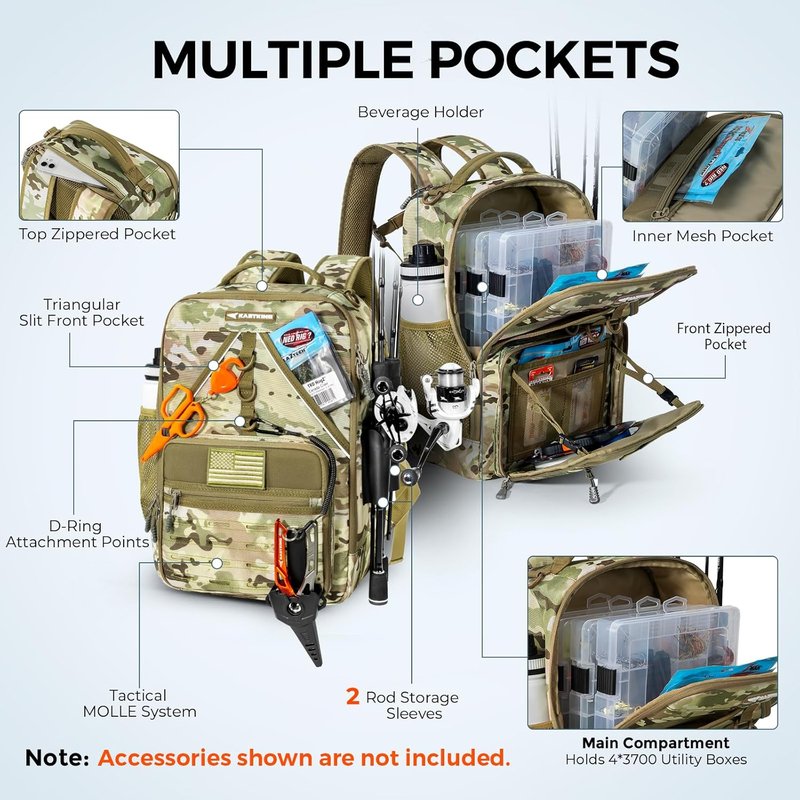 KastKing Fishing Tackle Backpack - Water-Resistant Gear Bag with 2 Rod Holders | Khaki Camo, Large Storage