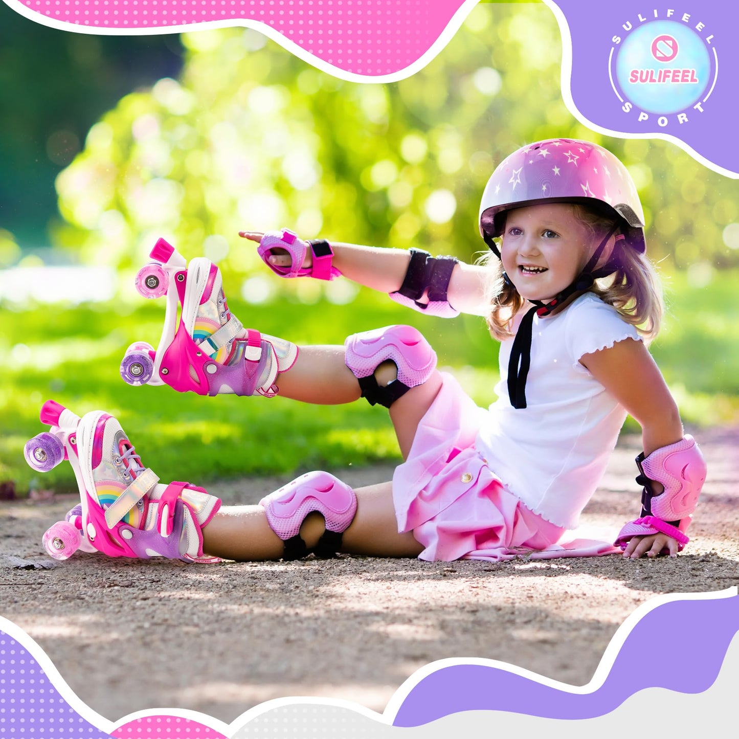 SULIFEEL Rainbow Unicorn 4 Size Adjustable Light up Roller Skates for Girls Boys for Kids Beginners Rollerskates Pink Large