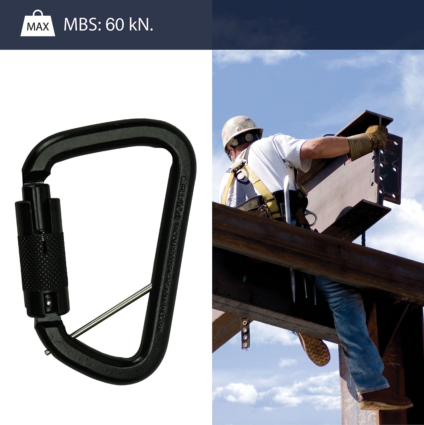 Fusion Climb Tacoma High Strength Auto-Lock Black Steel Carabiner Clip 50kN for Heavy Duty, Construction, Roofing, Climbing, Camping, hammonk UIAA