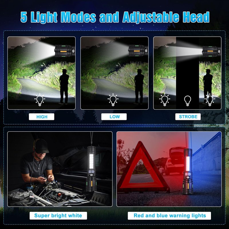 Ciwuzxs Rechargeable LED Flashlights High Lumens 3000LM Super Bright Tactical Flashlight with Cob Sidelight, 5 Light Modes, IPX6 Waterproof, Powerful Handheld Flash Light for Camping (2, Small)