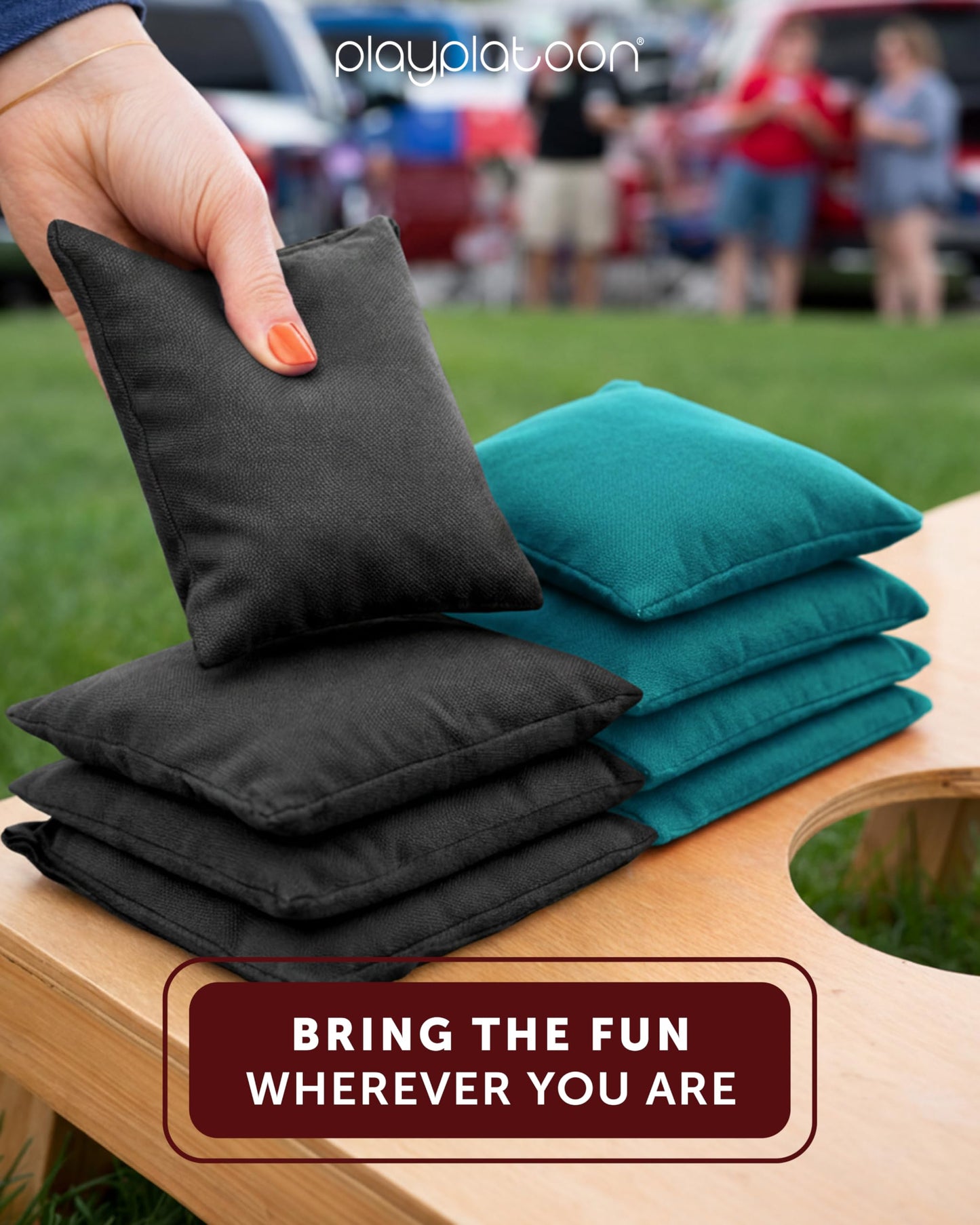 Play Platoon Weather Resistant Cornhole Bags - Set of 8 Regulation Corn Hole - Teal & Black - Durable Duck Cloth Corn Hole for Tossing Game, Includes Tote Bag