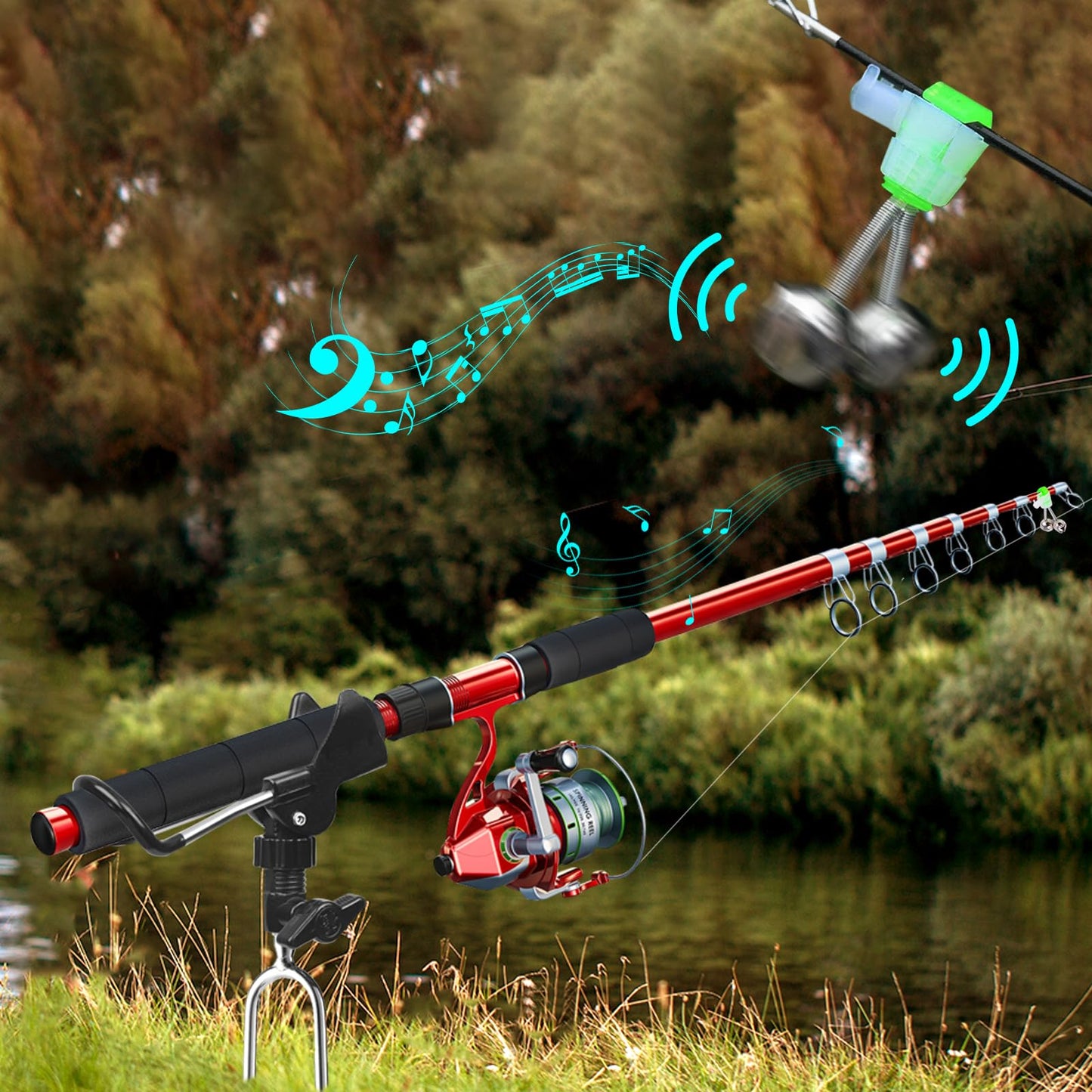 2 Pack Aluminum Bank Fishing Rod Holder with 10 Fishing Bells
