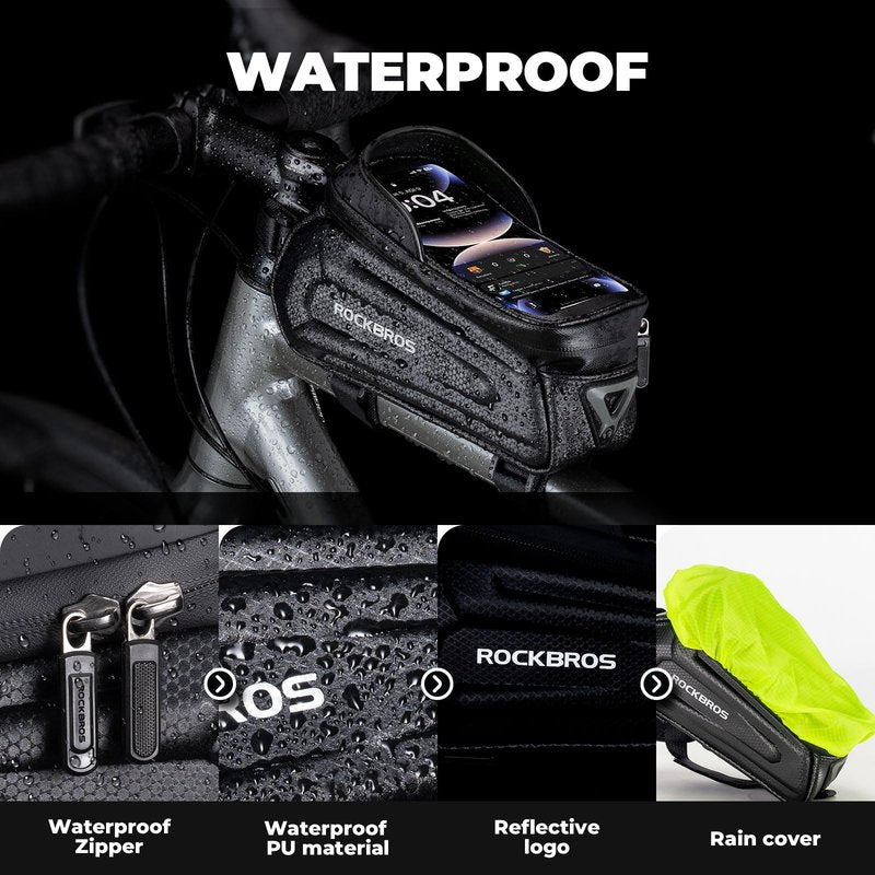 ROCKBROS Bike Phone Mount Frame Bag, Oversized EVA Waterproof Bike Phone Holder Bicycle Top Tube Front Frame Bag Bikes Accessories Gifts Pouch for Phones Under 7.2” (Black-1.7L)