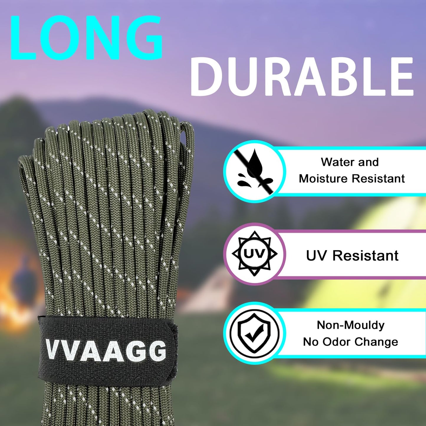 VVAAGG Reflective Paracord Rope 100FT, 7 Strand Nylon para Cord Lanyard Utility 550 Parachute Cord, 4mm Thin Tent Rope for Outdoor Camping Hiking (OD Green)