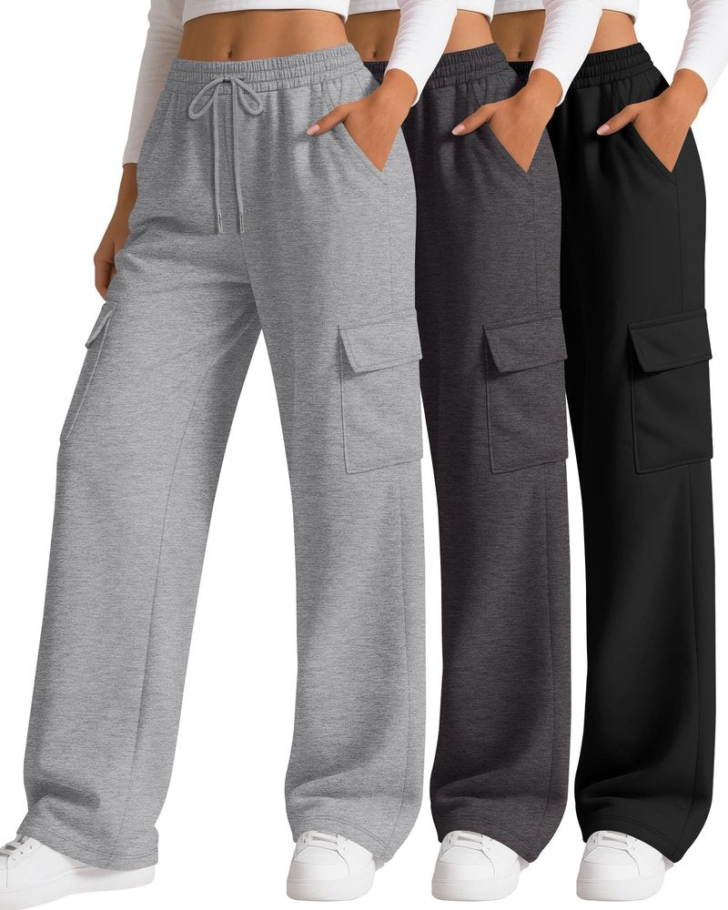 Neer 3 Pack Women's Cargo Sweatpants Wide Leg Baggy Loose Elastic Drawstring Pants Casual Athletic Joggers with 4 Pockets(Black, Dark Gray, Light Gray,Medium)
