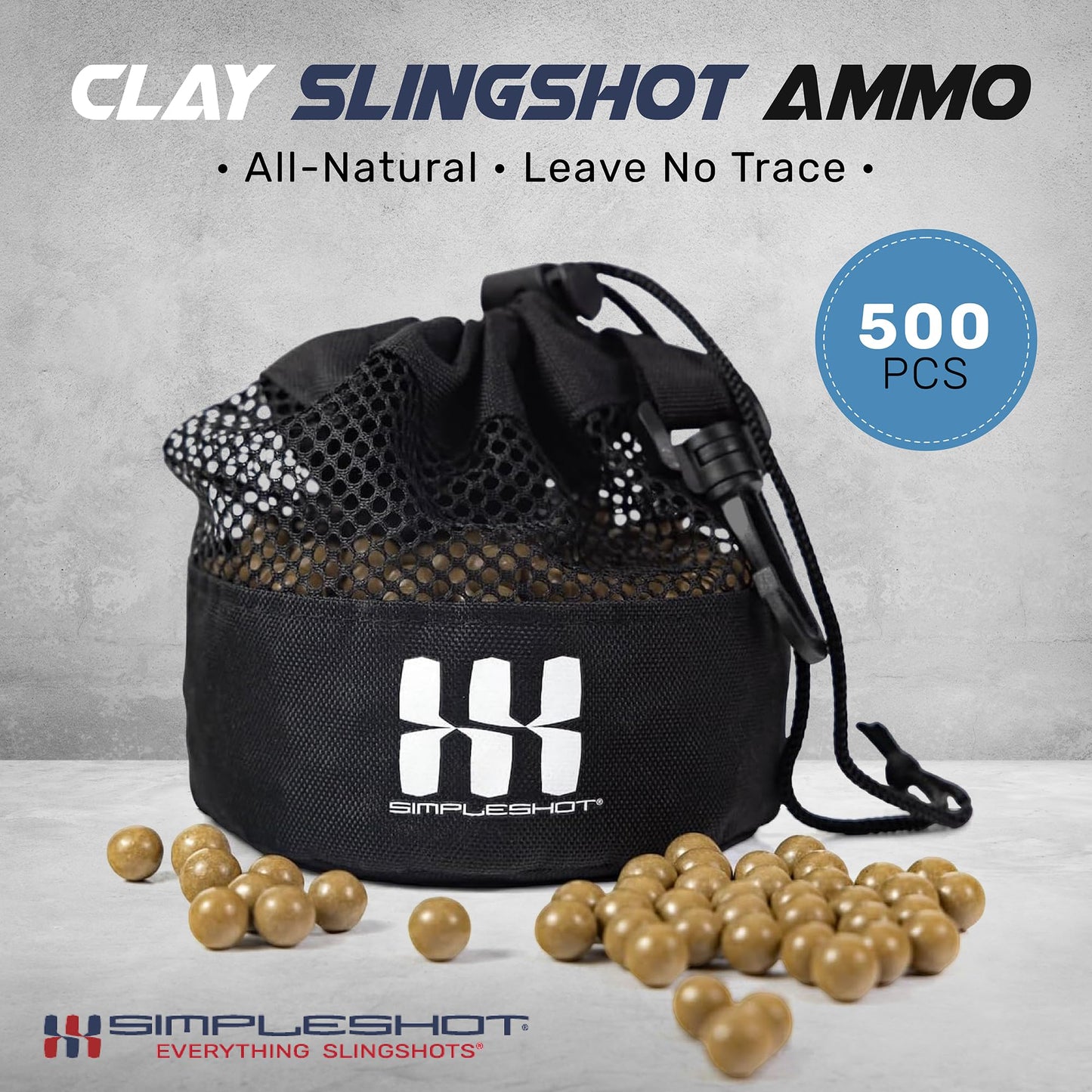 SimpleShot Clay Slingshot Ammo (500pcs) with Mesh Carry Bag, All-Natural Non-Toxic Biodegradable Magnetic Clay Ammo (11mm (7/16 inch))