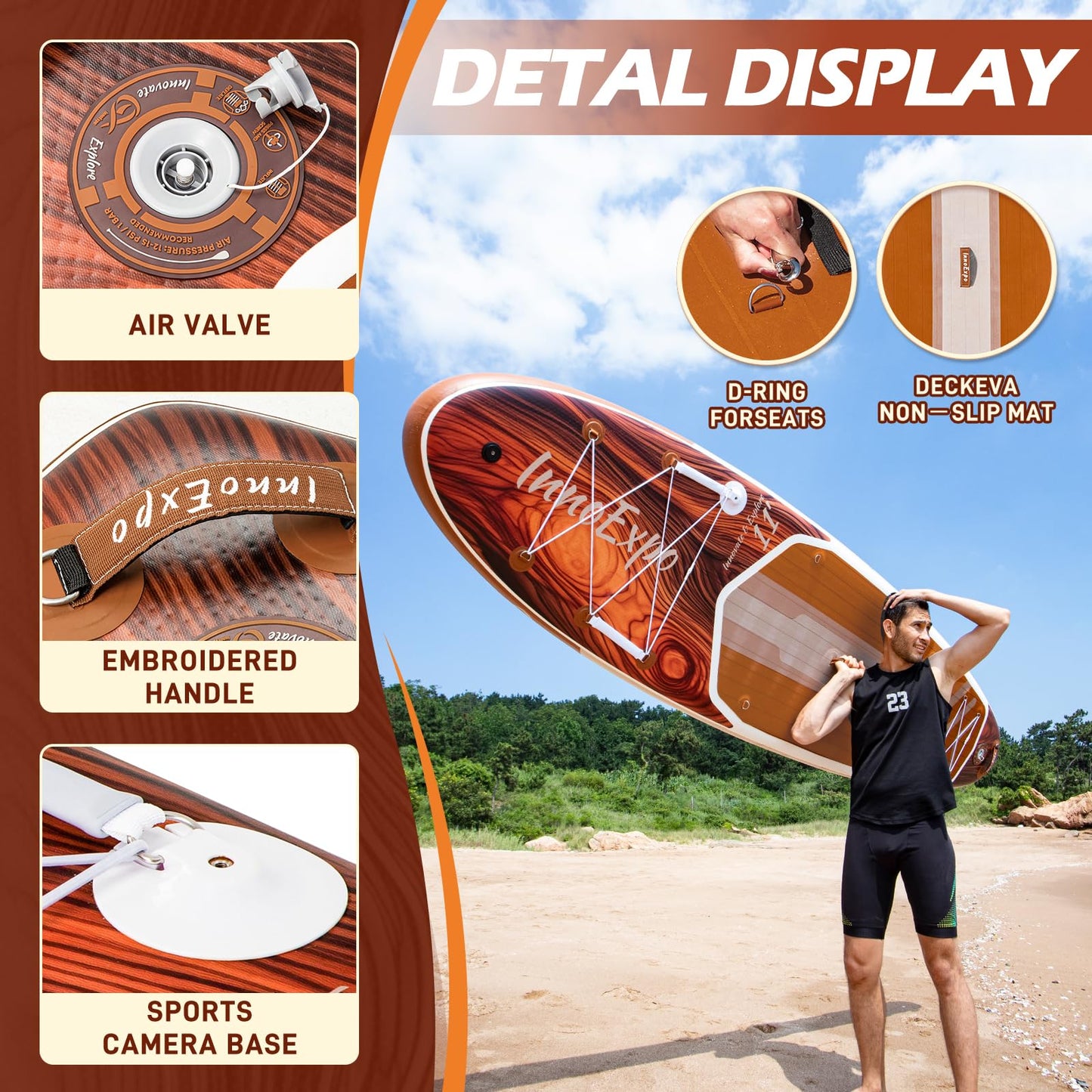 InnoExpo 11' Inflatable Stand Up Paddle Boards with Premium Accessories, Wide Stable SUP Paddle Board Design, Non-Slip Comfort Deck for Youth & Adults (Timber/Kayak Seat)