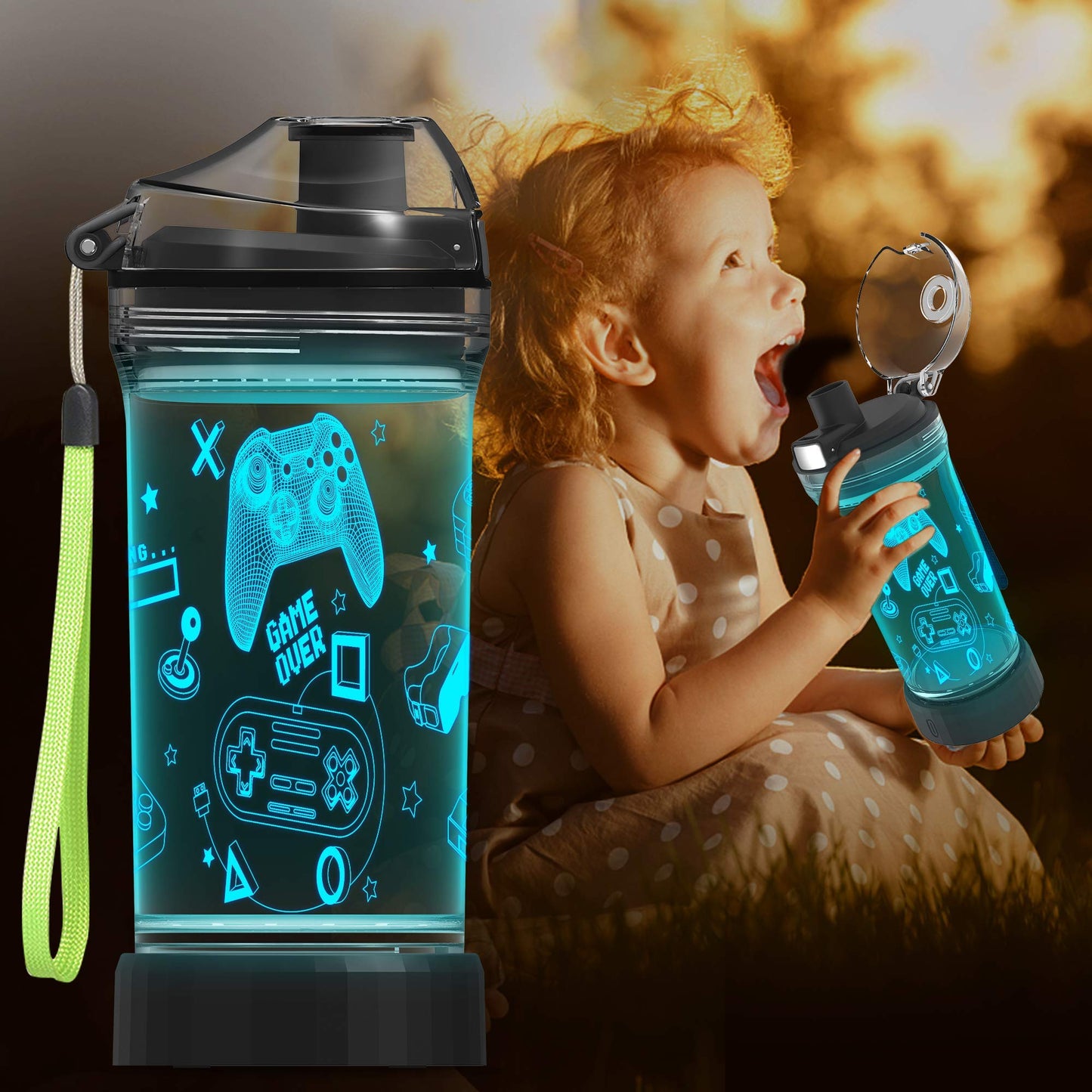 Lightzz Kids Water Bottle with 3D Glowing Game Console LED Light - Tritan BPA Free - Travel Cup Gift for Back to School Girl Boy Child Holiday Camping Picnic - 14 Oz