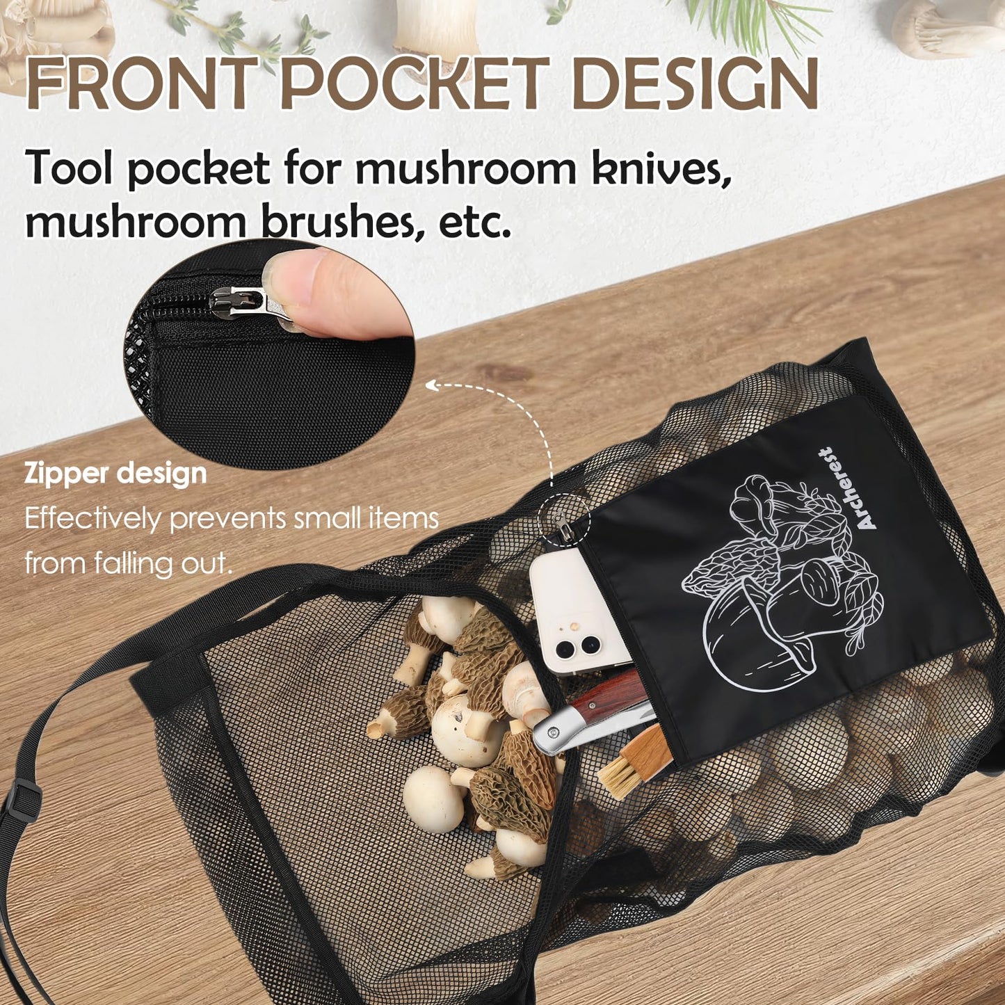2 Pack D-shaped Opening Mushroom Foraging Bag, Morel Picking Mesh Hunting Pouch for Outdoor Foraging and Fruit, Mushroom Basket Harvesting Bags with Adjustable Shoulder Strap