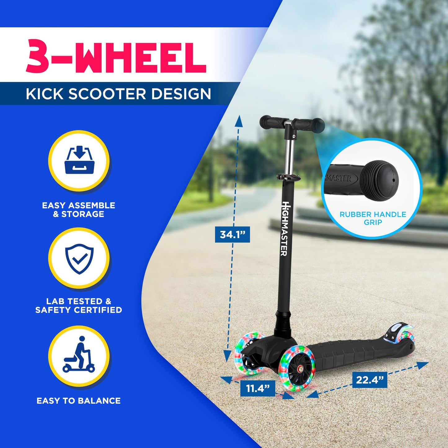 HighMaster Kids Scooter – 3 Wheel Kick Scooter for Children and Toddlers – Adjustable Handlebar with LED Wheel Lights – Indoor and Outdoor Fun (Black)