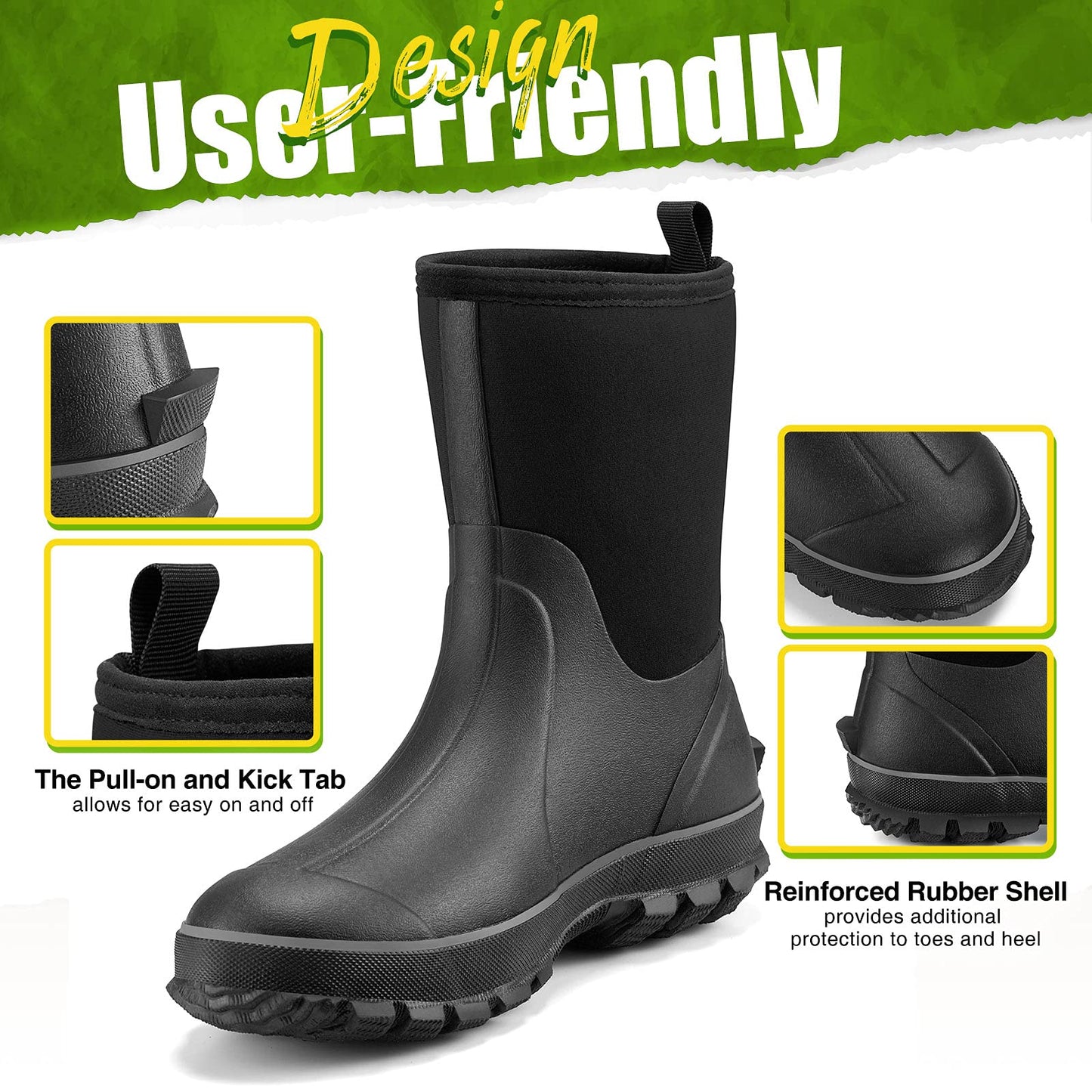 TIDEWE Rubber Boots for Men, 5.5mm Neoprene Insulated Rain Boots with Steel Shank, Waterproof Mid Calf Hunting Boots, Sturdy Rubber Work Boots for Farming Gardening Fishing (Black Size 6)