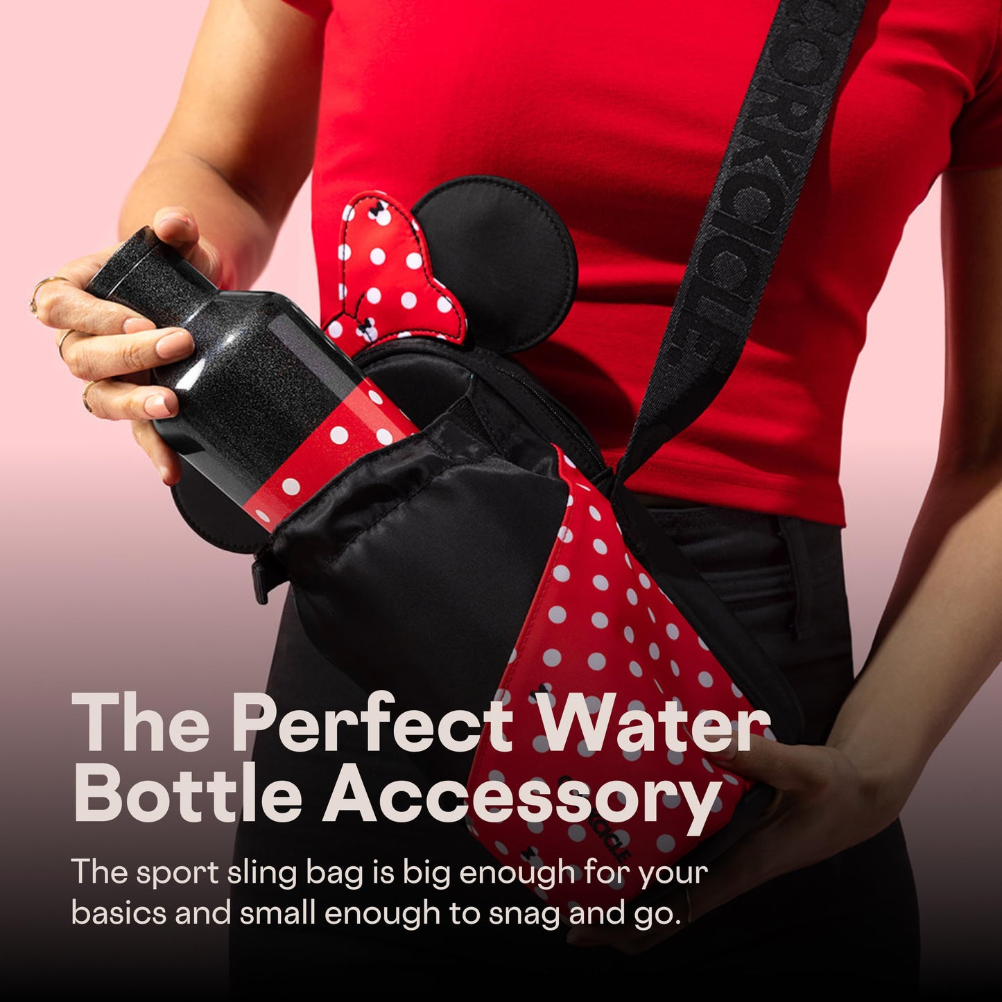 Corkcicle Crossbody Water Bottle Sling Bag - Adjustable Strap - Padded Interior Pocket - Fits 16 oz to 40 oz Tumblers - Summer Drinkware Gift - Black Minnie Mouse Ears