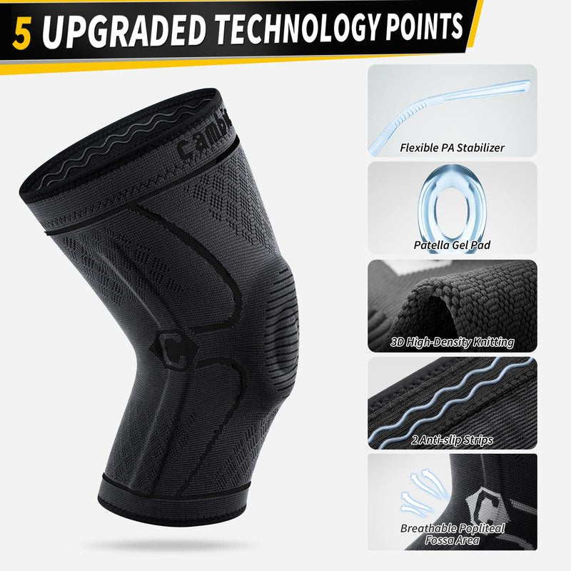 CAMBIVO Knee Brace for Men & Women, 2 Pack Knee Compression Sleeve for Knee Pain Relief, Knee Brace with Side Stabilizers & Patella Pad for Meniscus Tear, Gym Running Working Out（Medium, STS-Black）