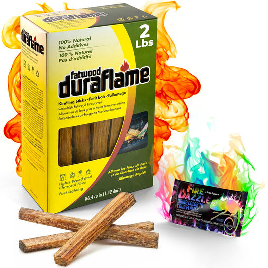 Fatwood Fire Starter Sticks, Firewood for Indoor and Outdoor Use - 2 lbs. Fire Logs, Kindling Wood for BBQ, Fireplace, Fire Pit and Campfires - with 1 Bonus Fire Color Changing Packet