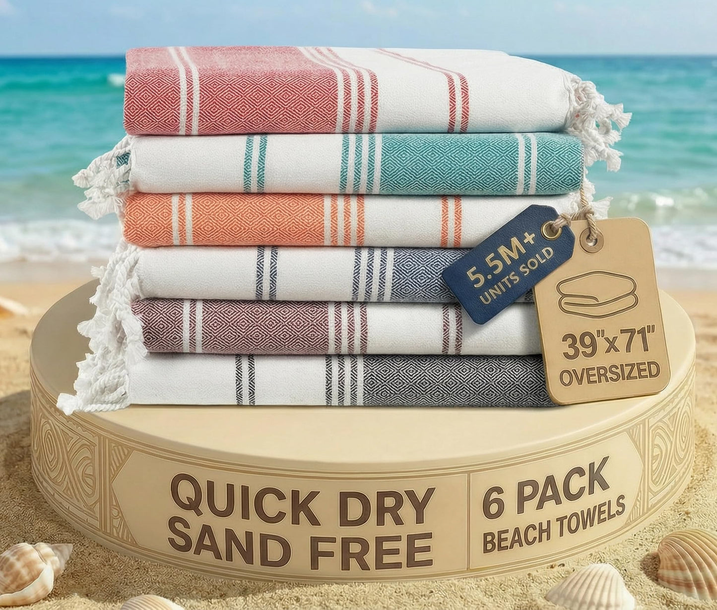 LANE LINEN 6-Pack Oversized Pre-Washed Beach Towels, Stylish Quick-Dry Pool & Travel Towels for Adults, 39"x71" - Diamond Multi Colors