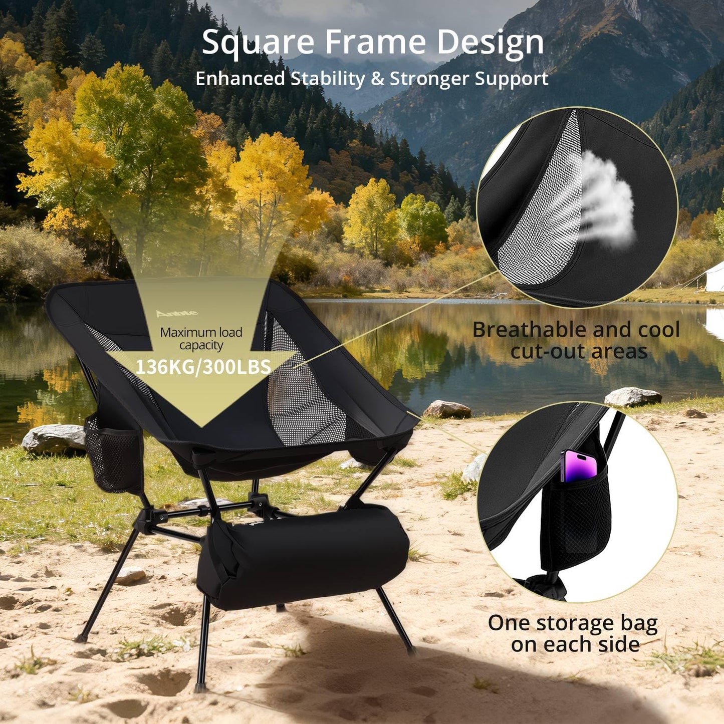 Anbte Extra Height & Width Portable Camping Chair, 400LBS Capacity Compact Folding Chair with Square Frame Quick Setup Storage Bags on Both Sides, Ideal for Camping Hiking Beach Picnic Outdoor, Black