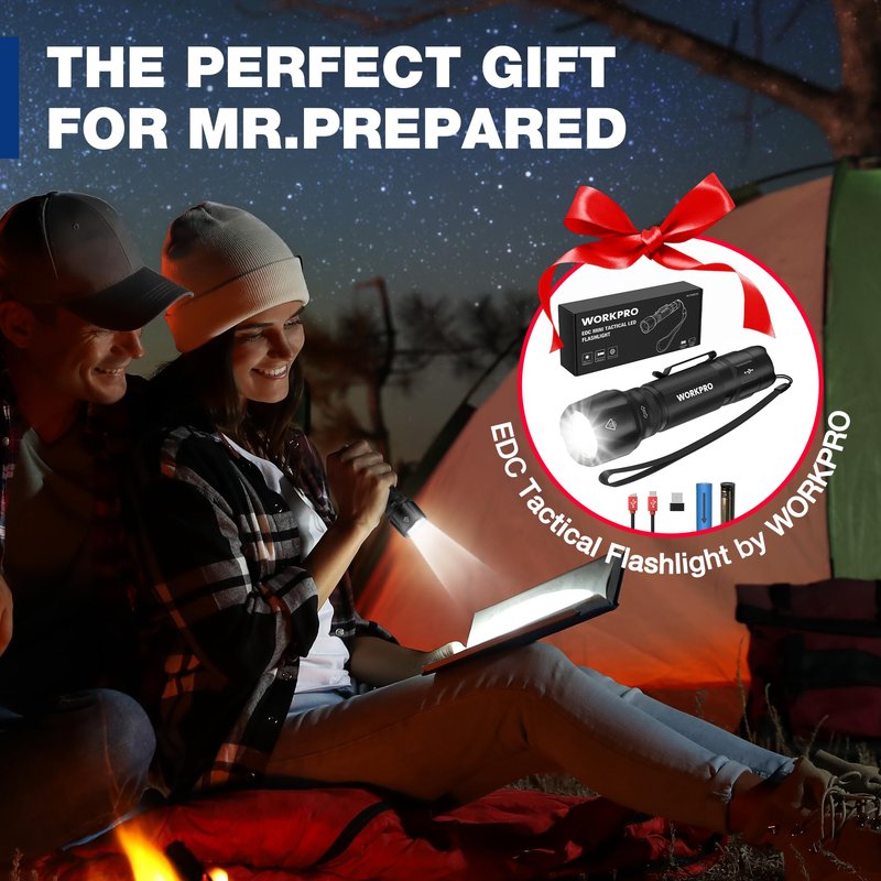 WORKPRO 1200LM Rechargeable Tactical Flashlight, EDC Mini Flashlight, Pocket Flashlight with Clip & Lanyard, 7 Light Modes, Zoomable Adjustable Focus, Includes Lithium Battery & Alkaline Battery
