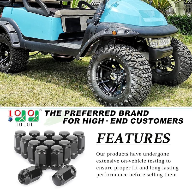 10L0L 1/2-20 Golf Cart Wheel Lug Nuts Kit for EZGO TXT RXV & Club Car DS Precedent, Replace OEM 14723-G1, 1701160, 1010984, 1011390, 800573, Black Set of 16