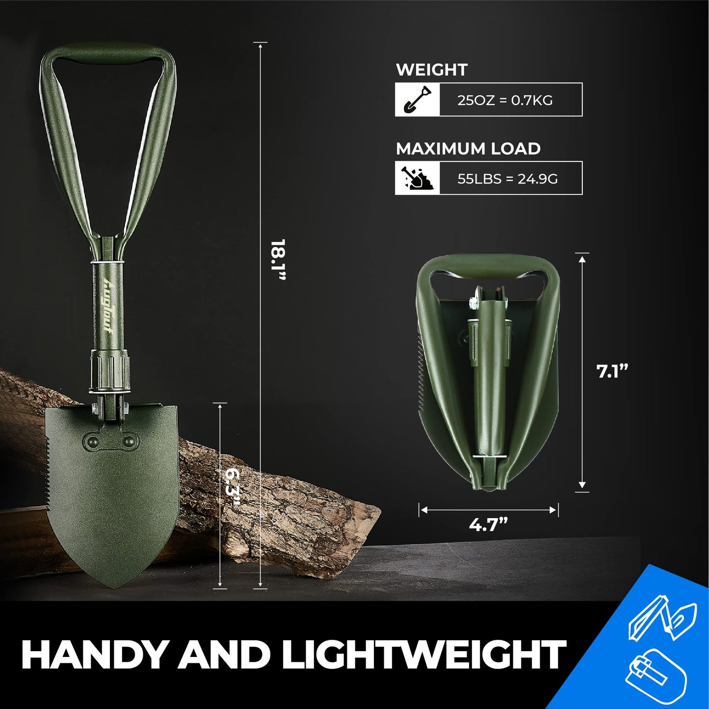 18'' Military Folding Camping Shovel, Offroad Survival High Carbon Steel Shovel (Olive) AugTouf by toolant