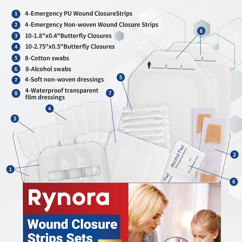 RYNORA 52 Pack Wound Closure Strips Sets, 3 Types Butterfly Bandages, Repair Wounds Without Stitches, Quick Clot Zip Stitch Wound Closures Device with 4 Wound Dressings and 4 Waterproof Dressings