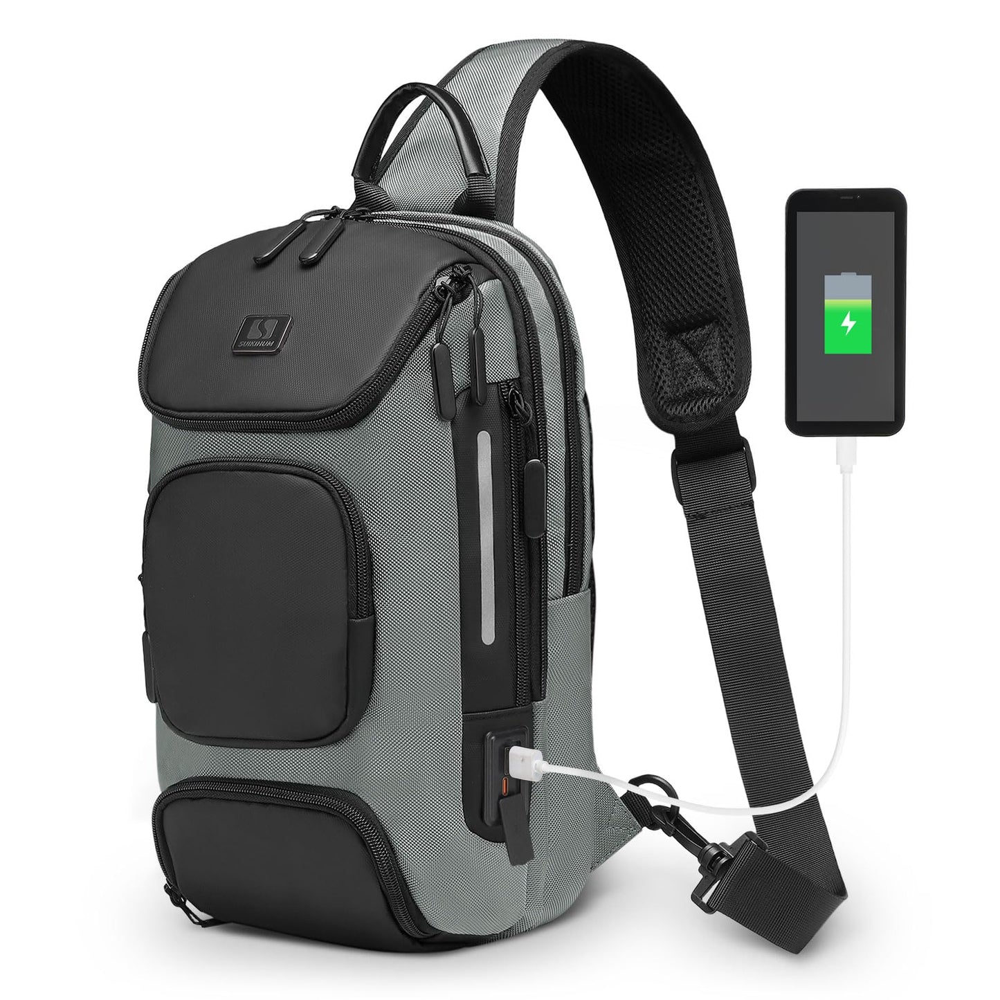 SUIKIHUM Sling Bag for Men, Anti Theft Mini Backpack with USB Charge Port, Lightweight Convertible Crossbody One Strap Casual Pack (Grey)