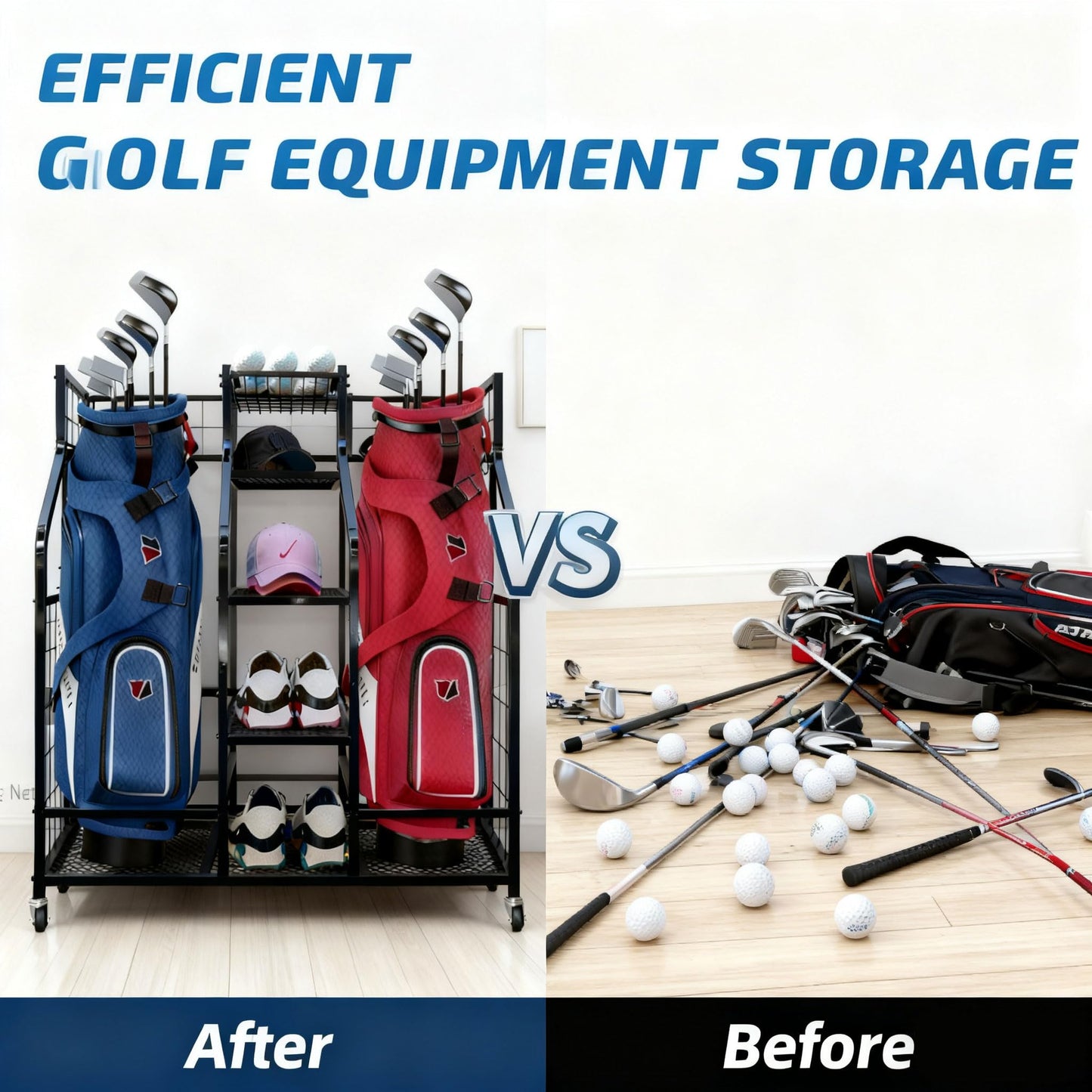 Golf Bag Storage Organizer Stand with Wheels - Heavy Duty Steel Rack Holds 2 Golf Bags with Central Storage Shelf for Golf Balls, Shoes & Accessories, Space Saving Garage Golf Club Equipment Holder