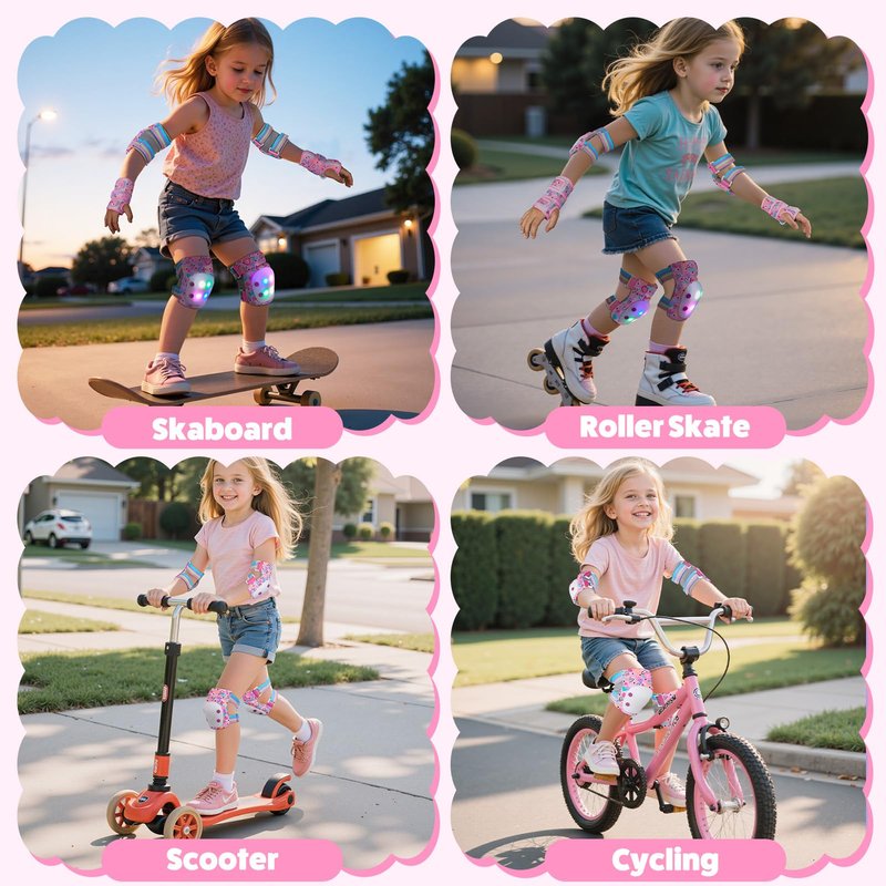 Lemmeko Knee Pads for Kids with LED Lights, Kids Knee Pads and Elbow Pads Wrist Guards Set with Drawstring Bag for Girls 3-8 Years Adjustable Protective Gear Set for Scootering Cycling Skateboarding