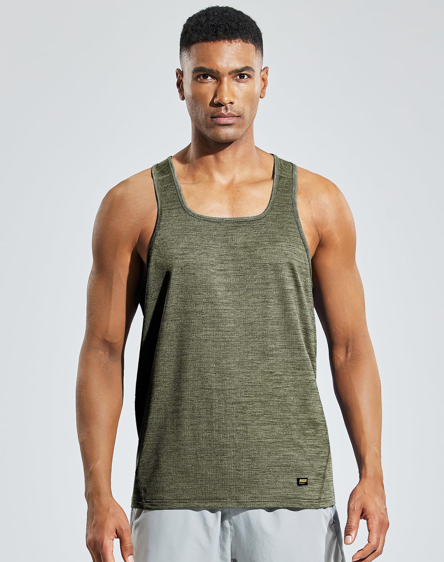 MIER Moisture Wicking Sleeveless Shirts for Men Quick Dry Workout Tank Tops for Running Outdoor Fitness, Heather Army Green, XL