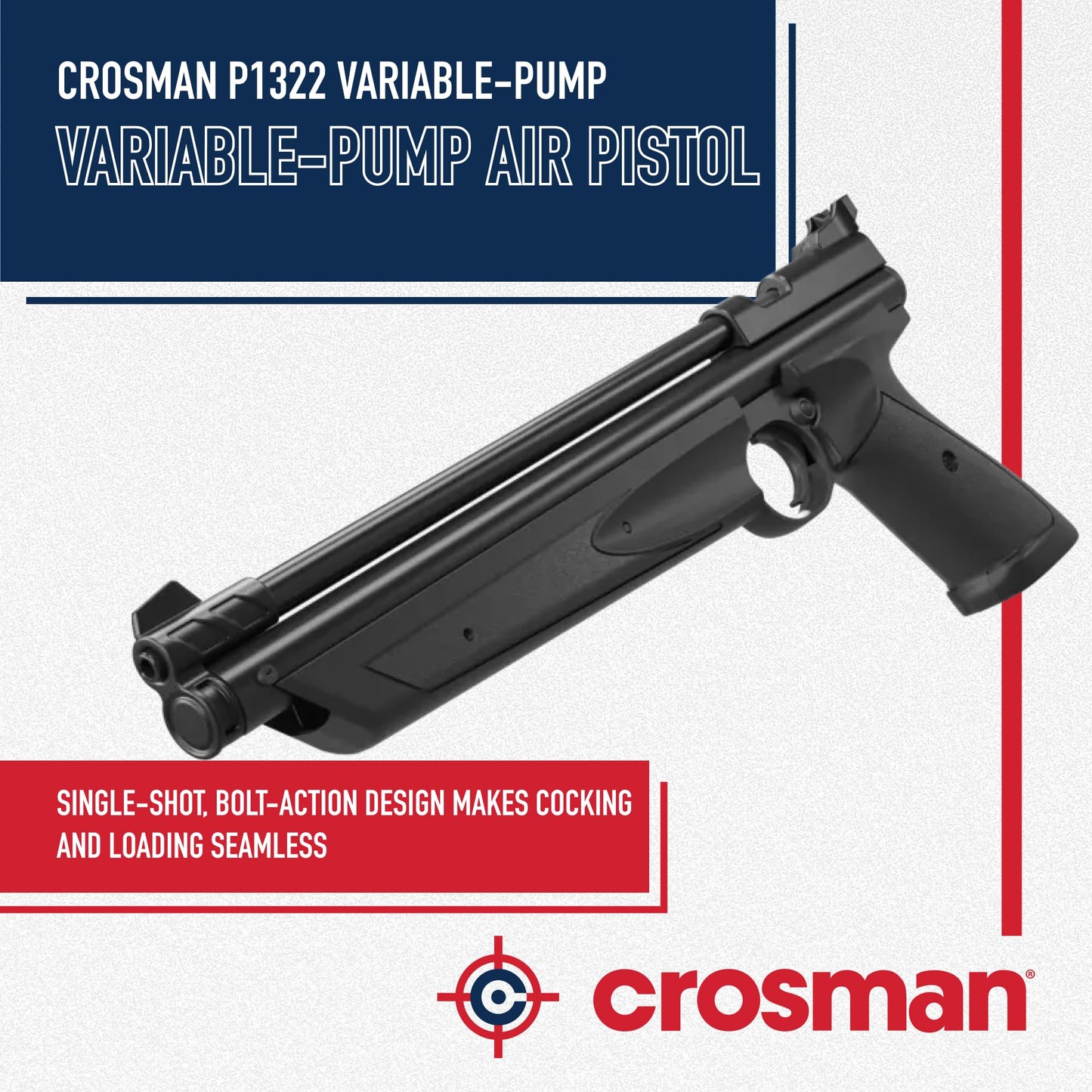 Crosman P1322 American Classic Variable Pump .22-Caliber Pellet Air Pistol - Single Shot Bolt Action - 460 FPS - Black