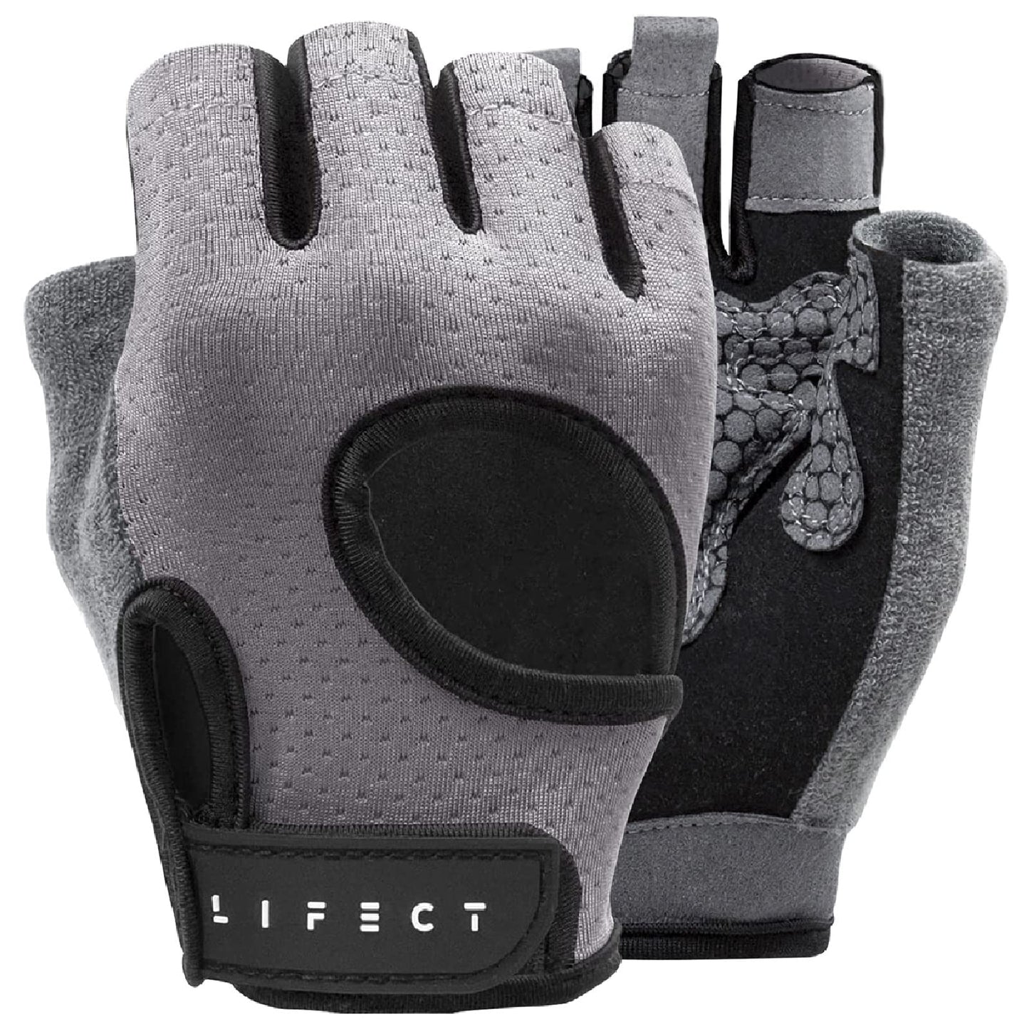 LIFECT Breathable Workout Gloves, Knuckle Weight Lifting Fingerless Gym Exercise Gloves with Curved Open Back, for Powerlifting, Crossfit, Women and Men (Grey, Medium)