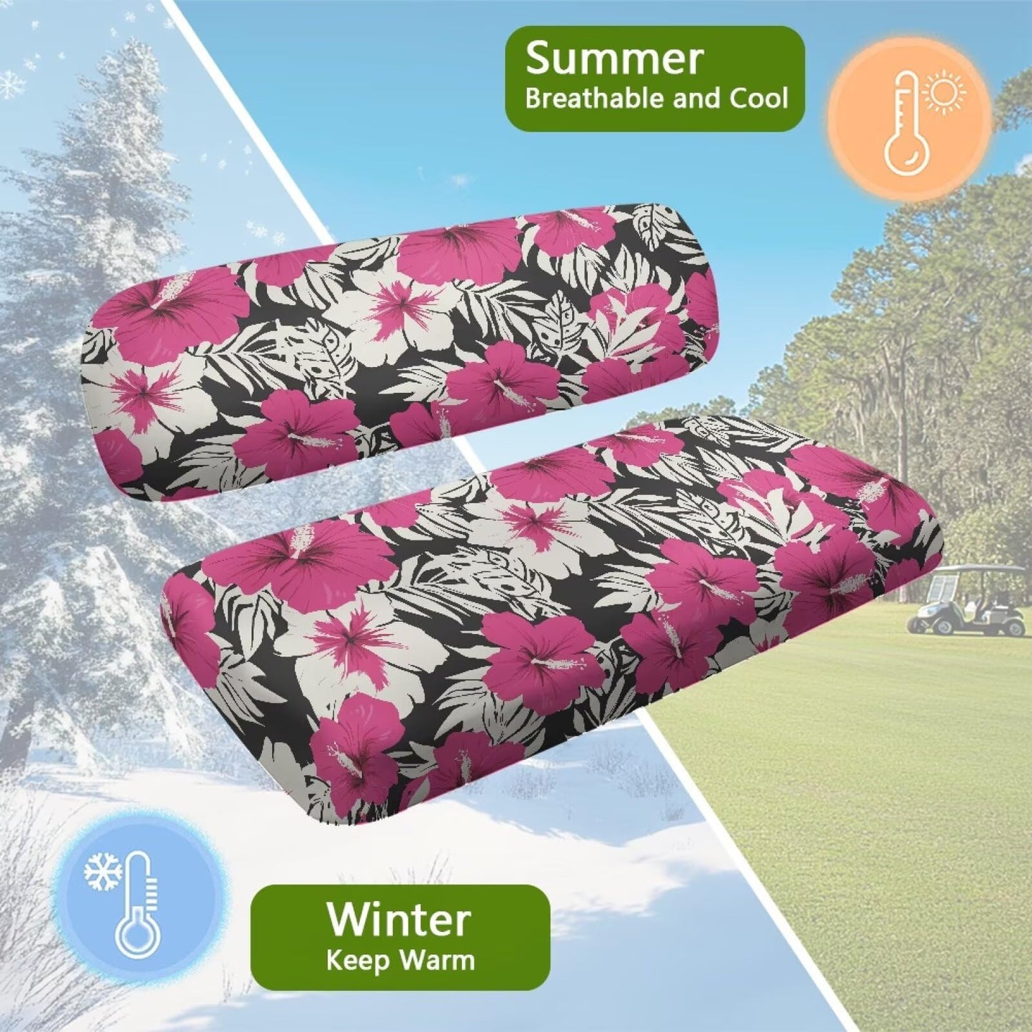 FUIALDOLG Golf Cart Seat Cushions Cover Pink Hibiscus Flower Anti-Scratch Golf Cart Seat Cover + Backrest Cover Cool in Summer and Warm in Winter for EZGO TXT RXV & Club Car