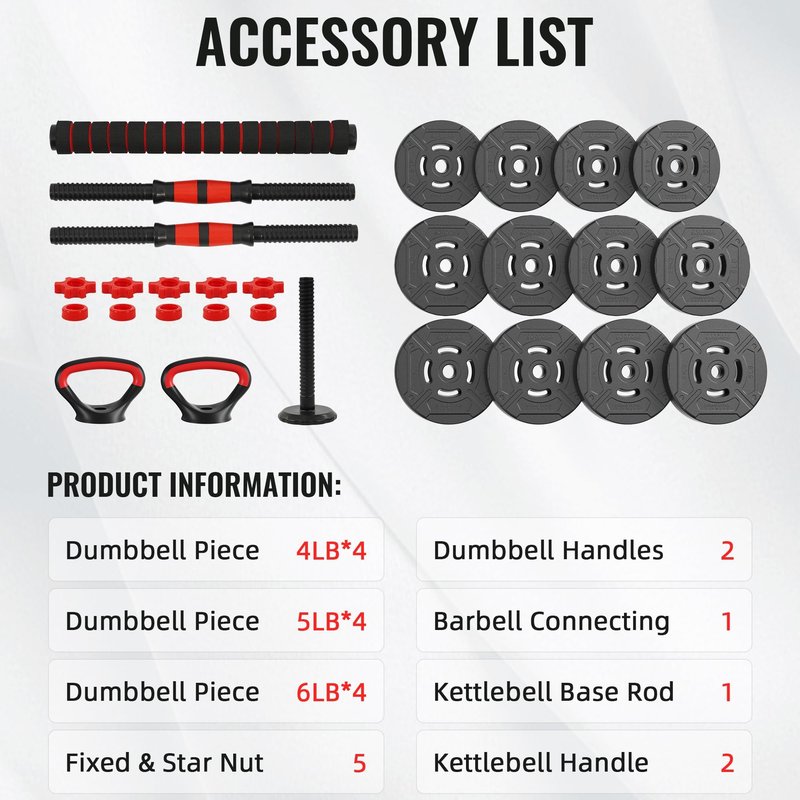 Fitvids Multi-Functional Changeable Dumbbell and Barbell Kettlebell Set with Adjustable Weights, 60LBS, 4 in 1
