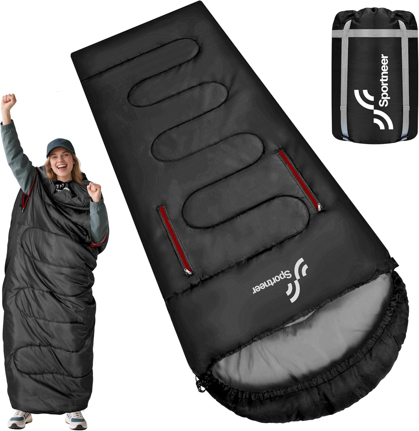Sportneer Wearable Sleeping Bag - Walkable Design with Arm Zippers | Waterproof & Compact for Camping, Travel, and Stadiums