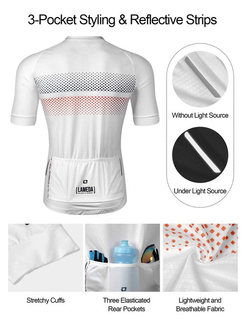 LAMEDA Cycling Jersey Men Short Sleeve Road Bike Bicycle Shirt Reflective Breathable Lightweight White Large