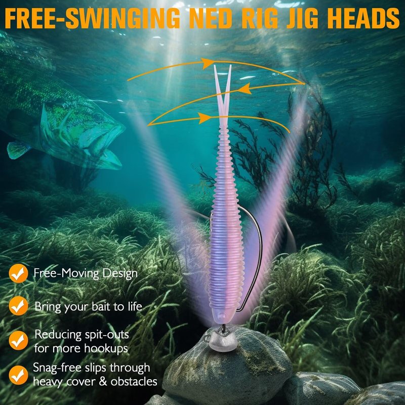 Dovesun Ned Rig Jig Heads Weedless Jig Head for Bass Fishing Swimbait Jig Head Shaky Ned Rig Hooks Saltwater Freshwater 1/8oz(3.5g)-Hook 2/0 * 15pcs