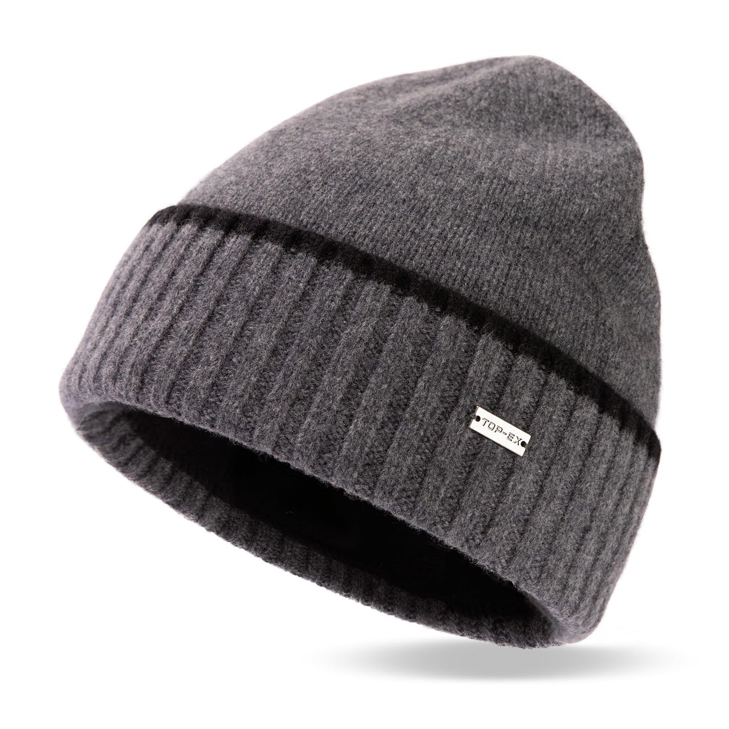 TOP-EX XL/XXL Men's Merino Wool Winter Beanie Cold Weather Knit Hat with Fleece Lining for Men Skull Cap Big Head Oversize Black