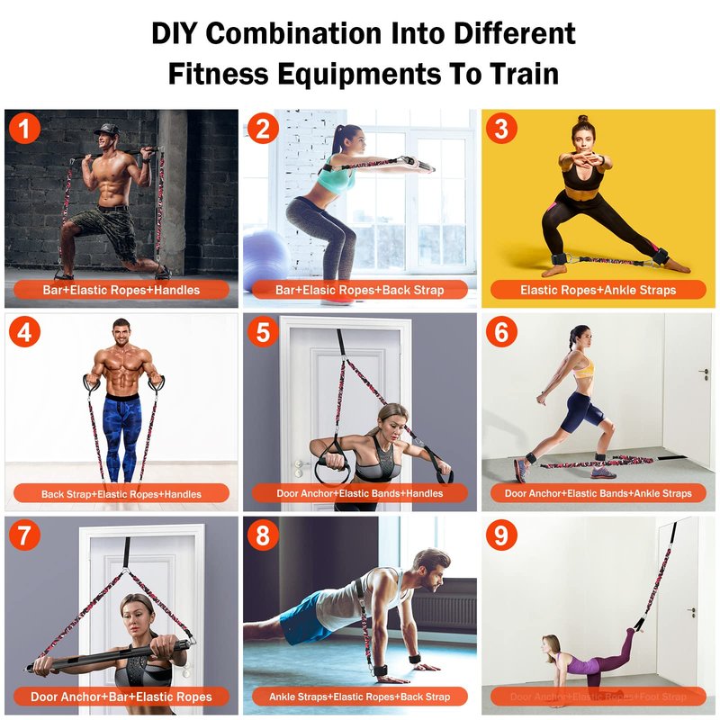 DASKING Portable Home Gym Resistance Band Bar Set with 8 Anti-Break Stackable Resistance Bands,Detachable 500LBS 2 in 1 Pilates Bar with Bands,Full Body Workout Equipment Exercise Bar Set (Black)