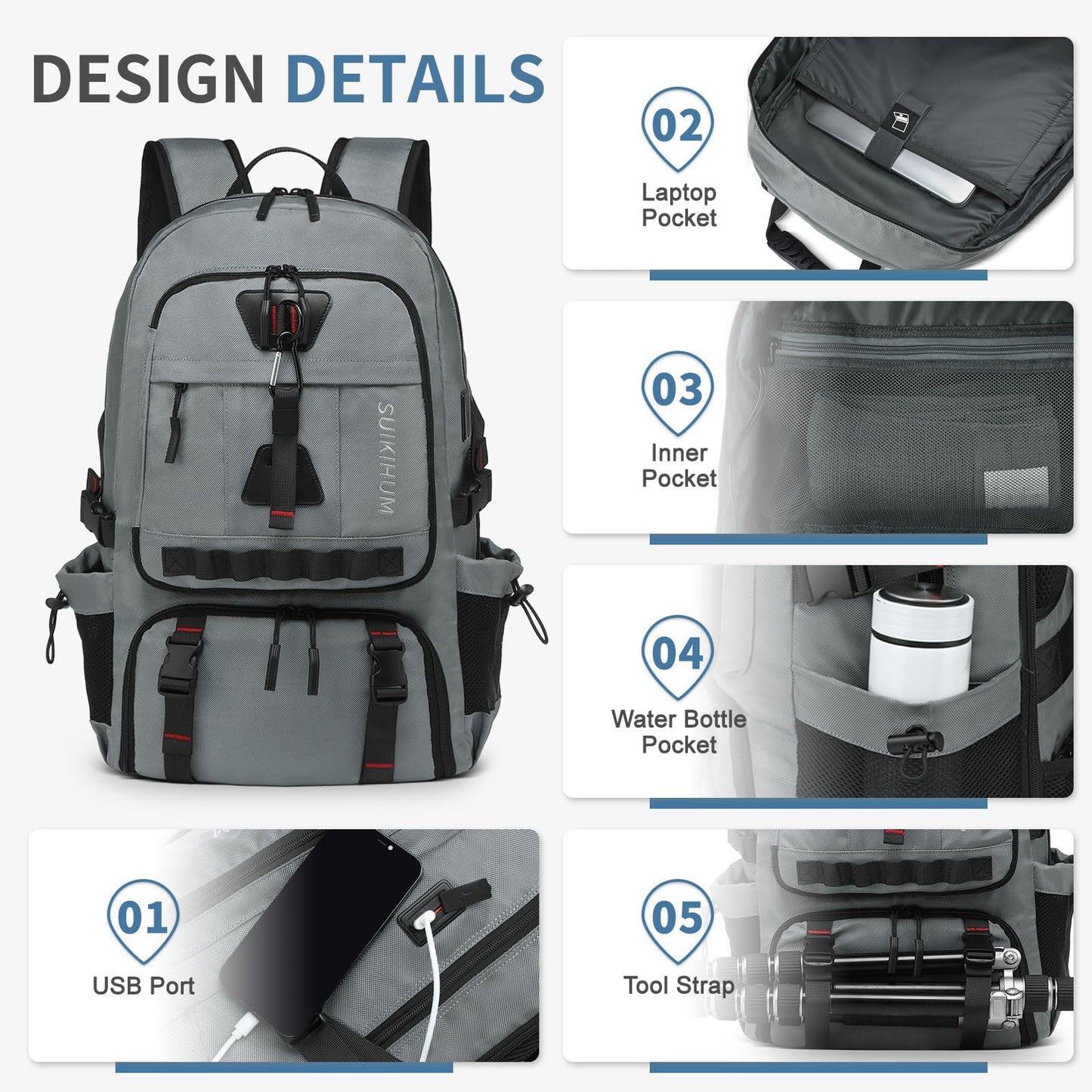 SUIKIHUM Travel Backpack 35L TSA Approved Carry on Backpack with Shoe Compartment & Wet/Dry Separation, Laptop Bag Fits 18.4 Inch Computer, Water Resistant Backpack for Men Women, Grey