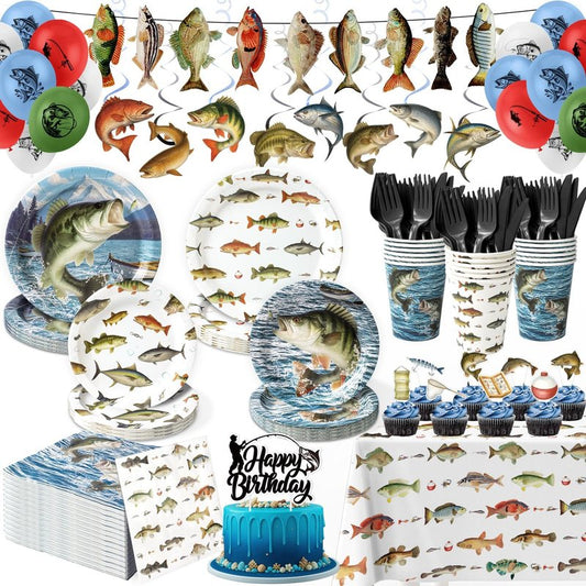 Fishing Birthday Party Decorations Set - 197 Pcs for 24 Guests | Banners, Cake Toppers, Plates & Balloons