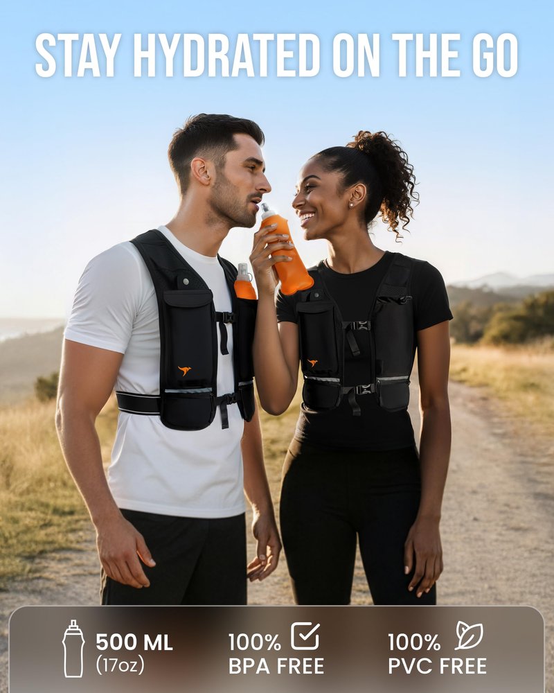 RUNLIX Running Vest for Women Men-Reflective Running Hydration Vest with 500ml Soft Water Bottle, Phone Holder, 2 LED Lights USB Rechargeable-7 Pockets Runners Backpack Marathon (Black, Medium-Large)