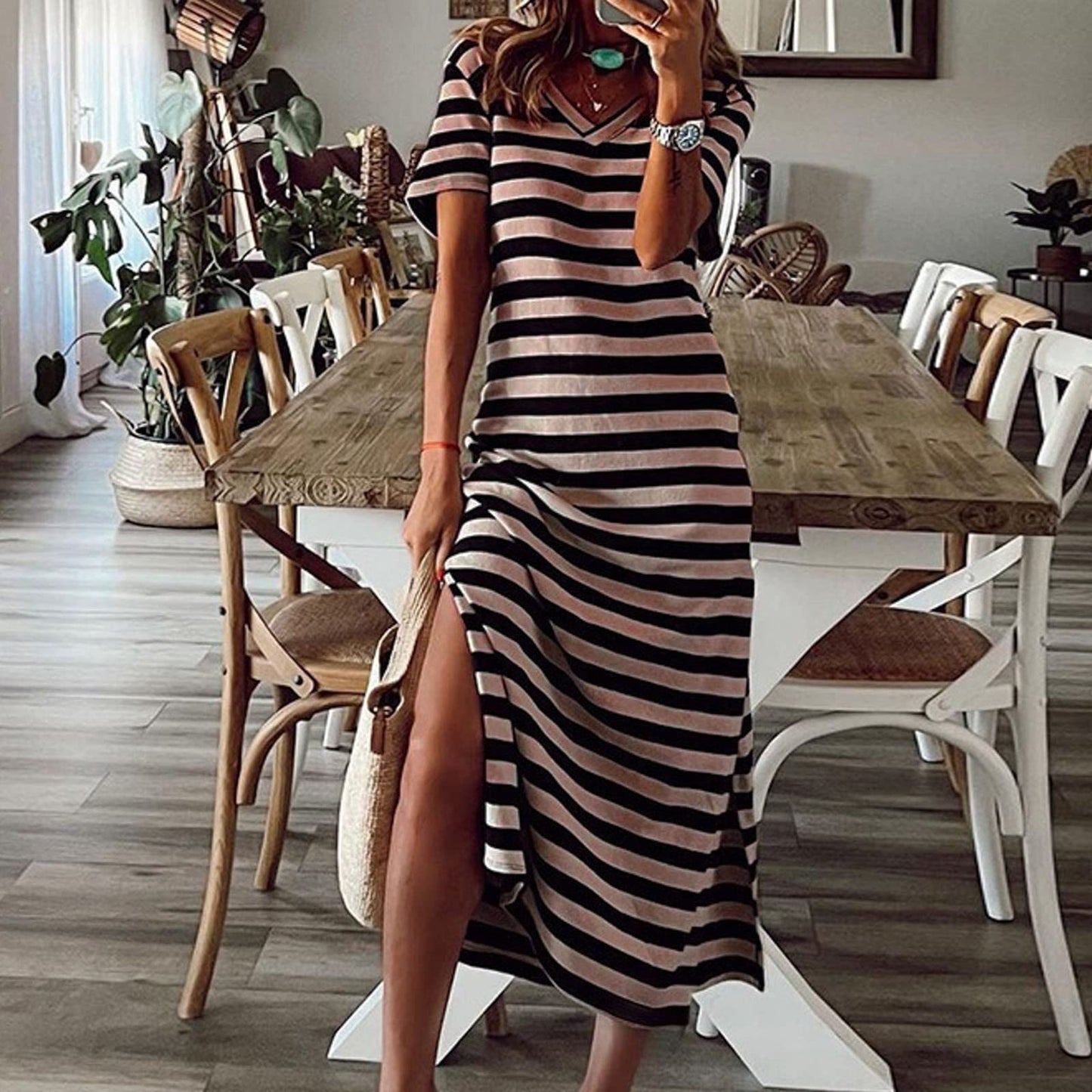 Willisos Maxi Dresses for Women 2024 Women's Summer Maxi Dress Loose Casual Long Dress Striped Short Sleeve Split Sundresses Khaki, Large