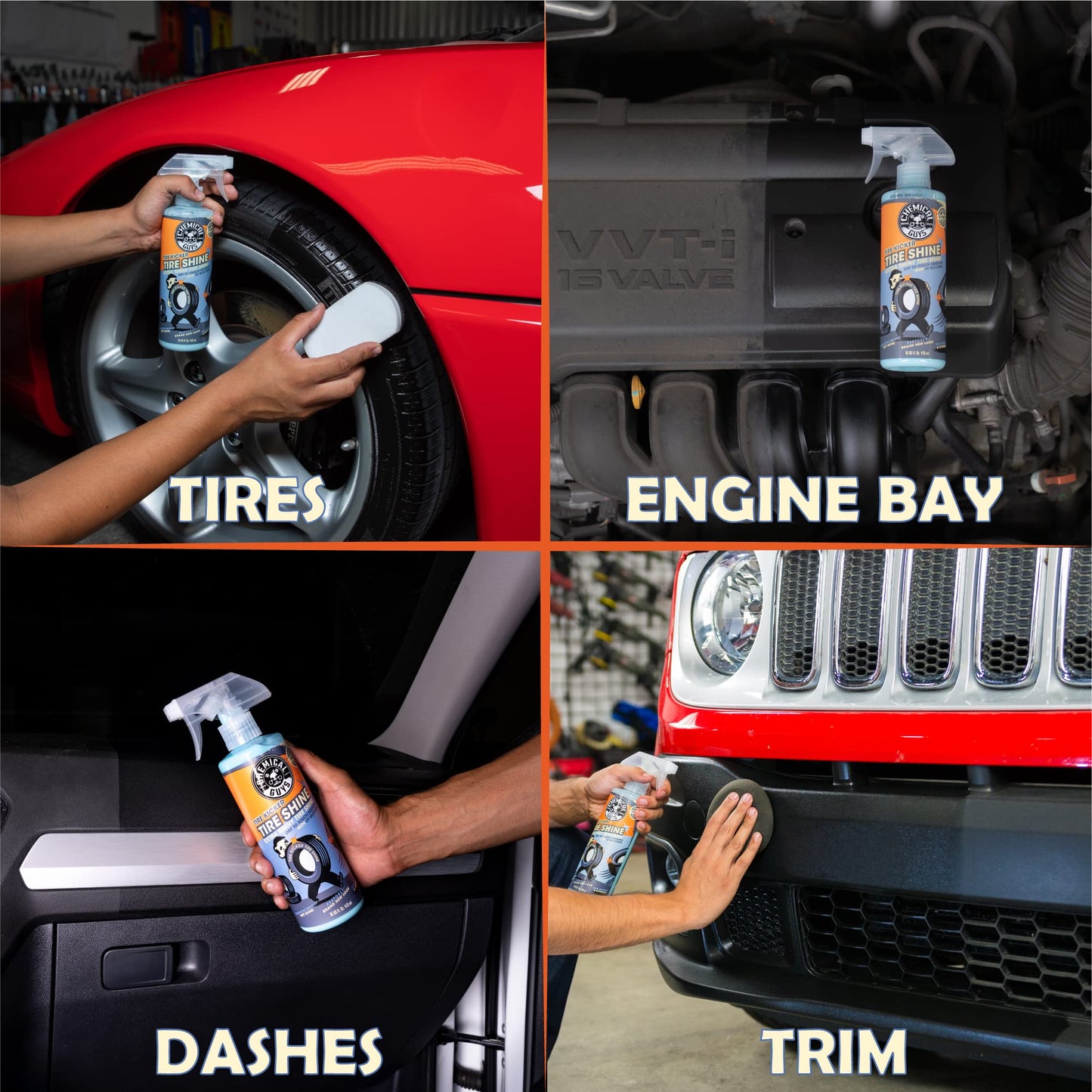 Chemical Guys Tire Kicker Sprayable Extra Glossy Tire Shine Spray, Dry-to-Touch Dressing - Restores Wet Look to Rubber, Vinyl, and Plastic, Safe for Cars, Trucks, Motorcycles, RVs, and More - 16 oz