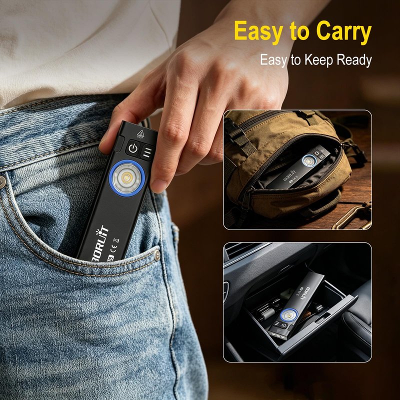 BORUIT U8 Small Flat EDC Flashlight, 650 Lumens USB-C Rechargeable Pocket Light with 100m Beam, White, Warm Yellow & RGB LEDs, IP67 Waterproof, Magnetic Tail & Clip for Camping, Work, Emergency