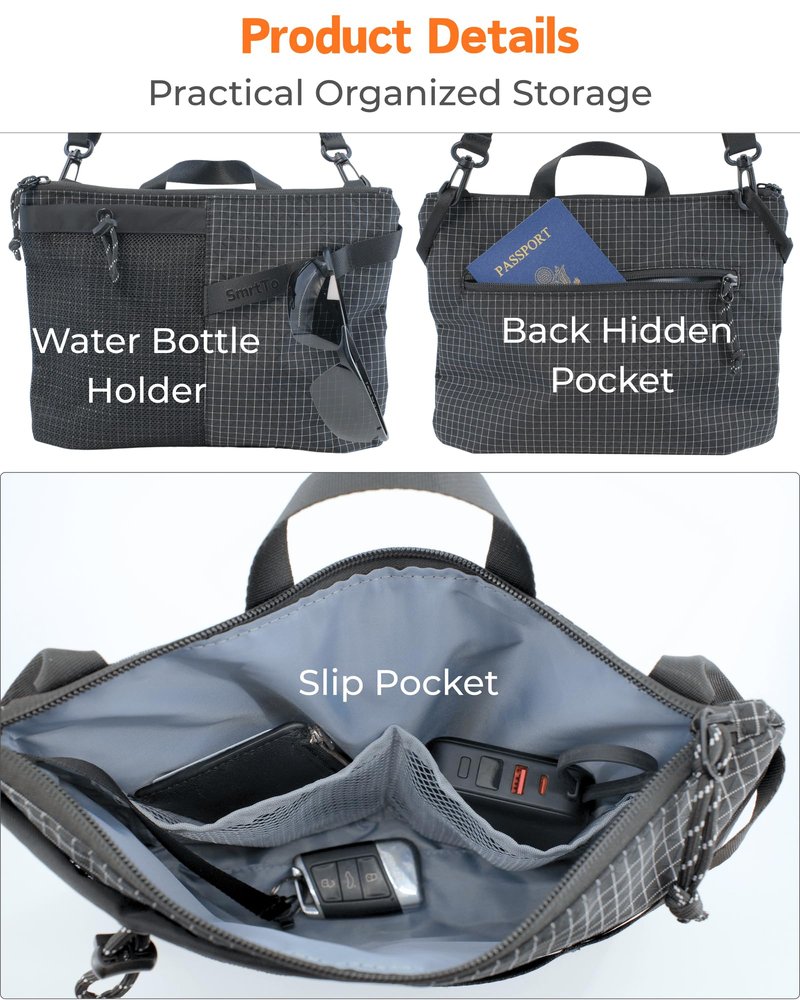 Sling Bag for Men Women, Compact Crossbody Bag with Water Bottle Holder, Water Resistant Small Shoulder Pack for Travel, Commute, Day Trip, Fits Mini Tablets up to 8.3", Anti-Theft Chest Pack