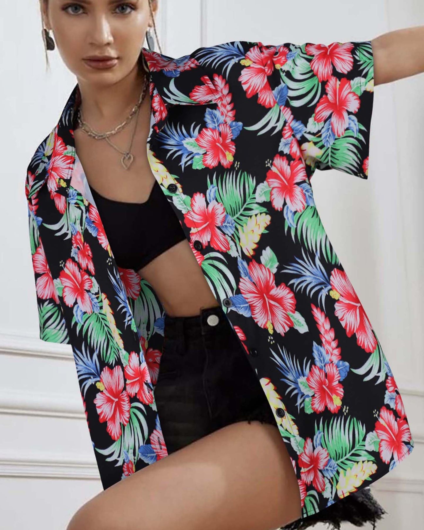 Women Hawaiian Shirt Button Down Summer Tops Beach Cool Short Sleeve V Neck Blouse(Red Black Floral,XL)