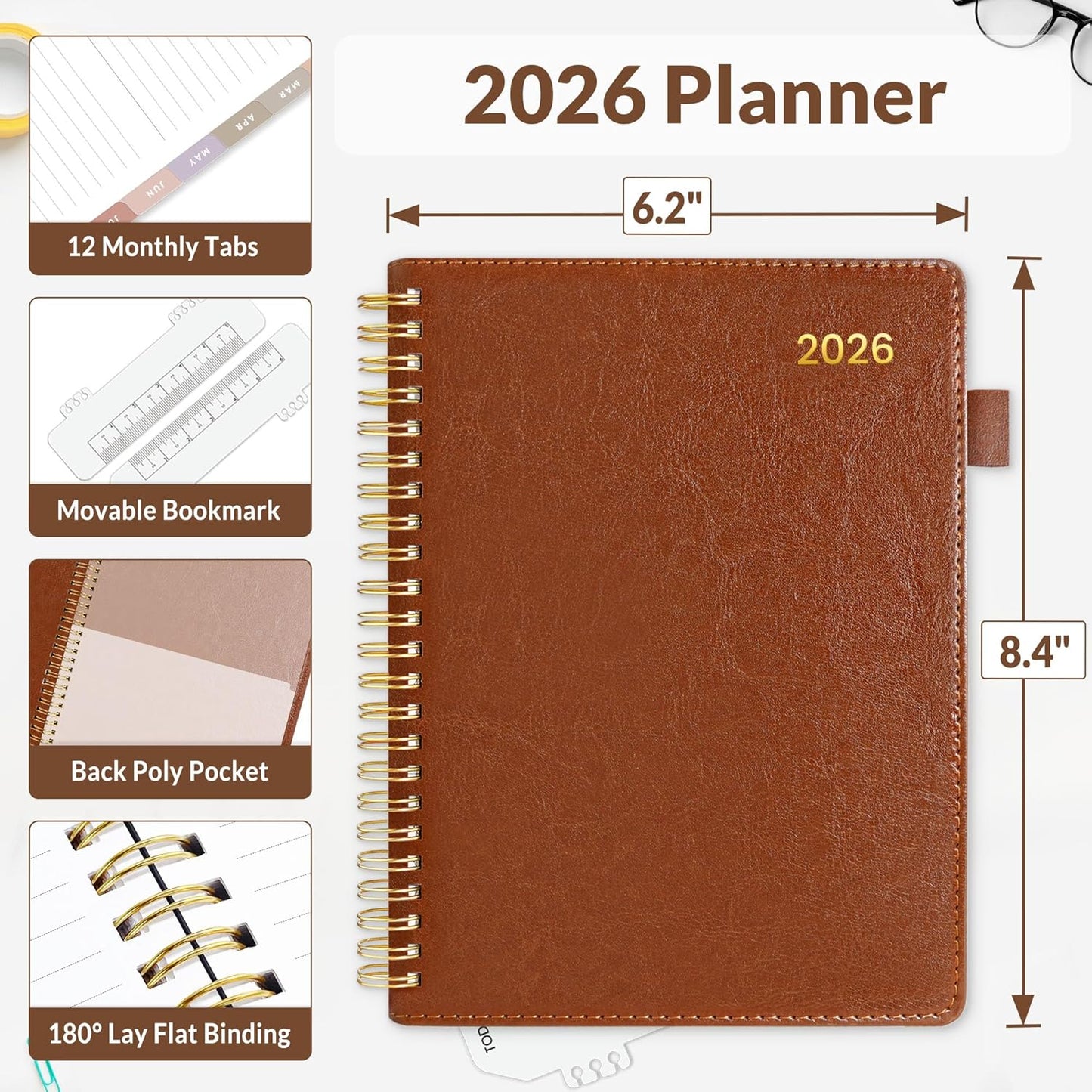 Weekly & Monthly Planner 2026 - Vegan Leather Cover, Pocket, Bookmark | 6.4"x8.5", Brown