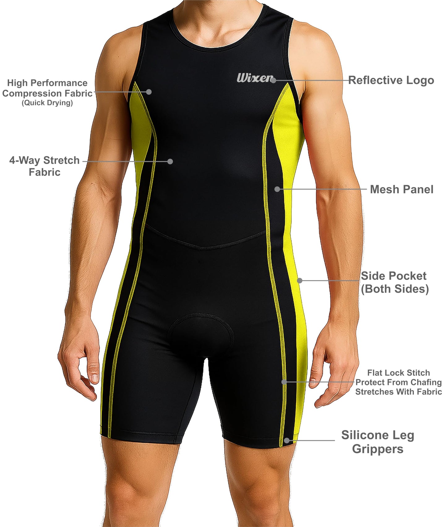 Wixen Men’s Triathlon Suit – Padded One-Piece Sleeveless Trisuit with Rear Zipper for Running, Swimming, Cycling – Neon Green-2XL