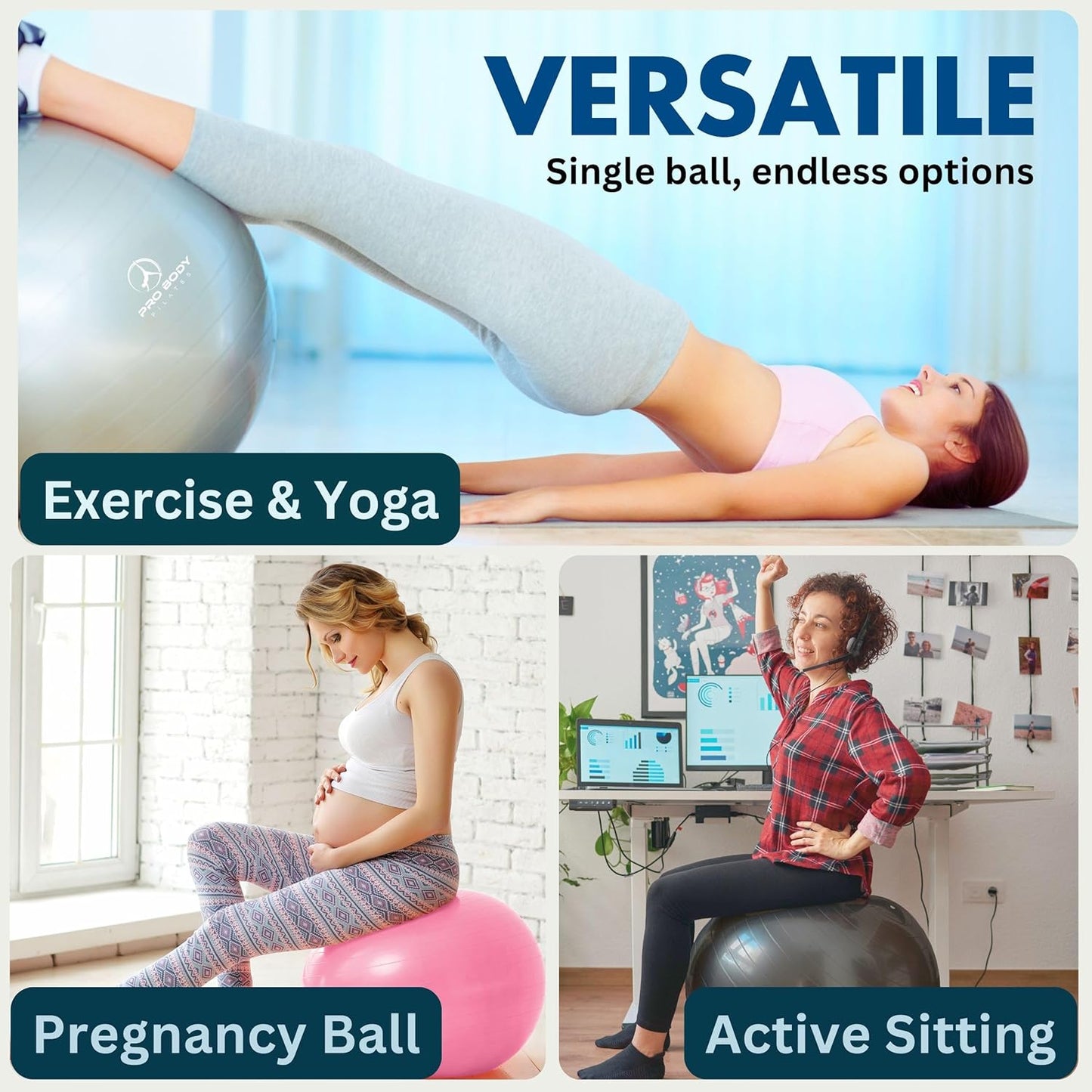 ProBody Pilates Exercise Ball - Gym-Grade Balance Ball for Fitness, Yoga, & Therapy | Multiple Sizes Available