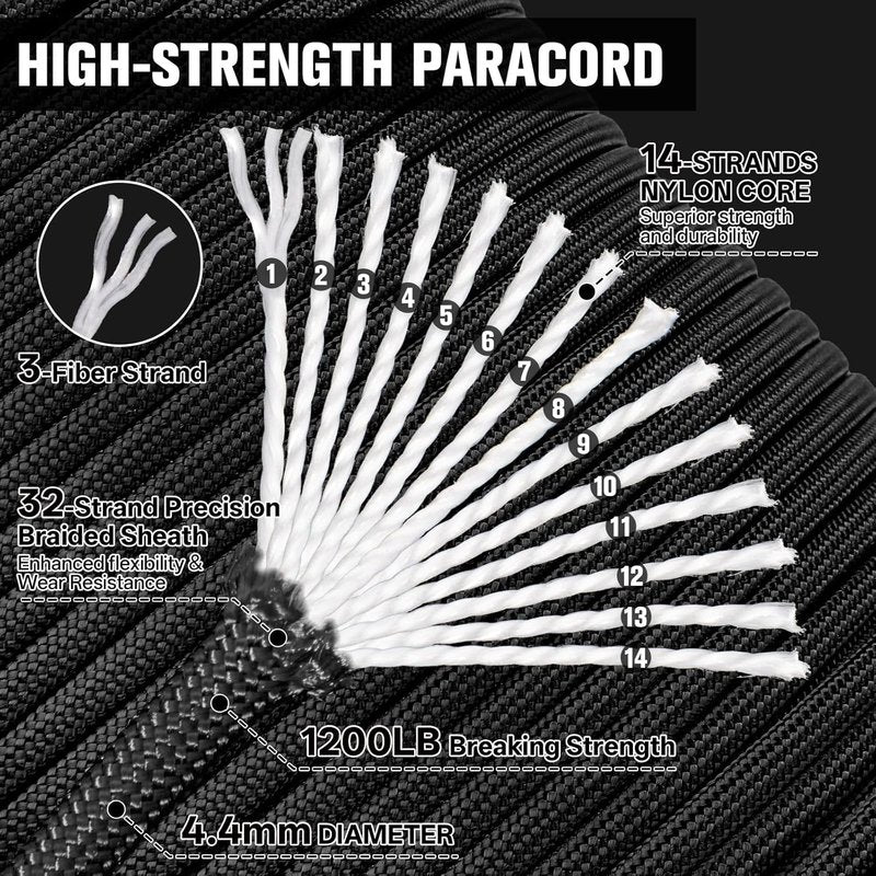 1200 Paracord Rope - 4.4mm 14 Strand Nylon Utility Cord for Camping, DIY Projects & Fishing | Black 200FT